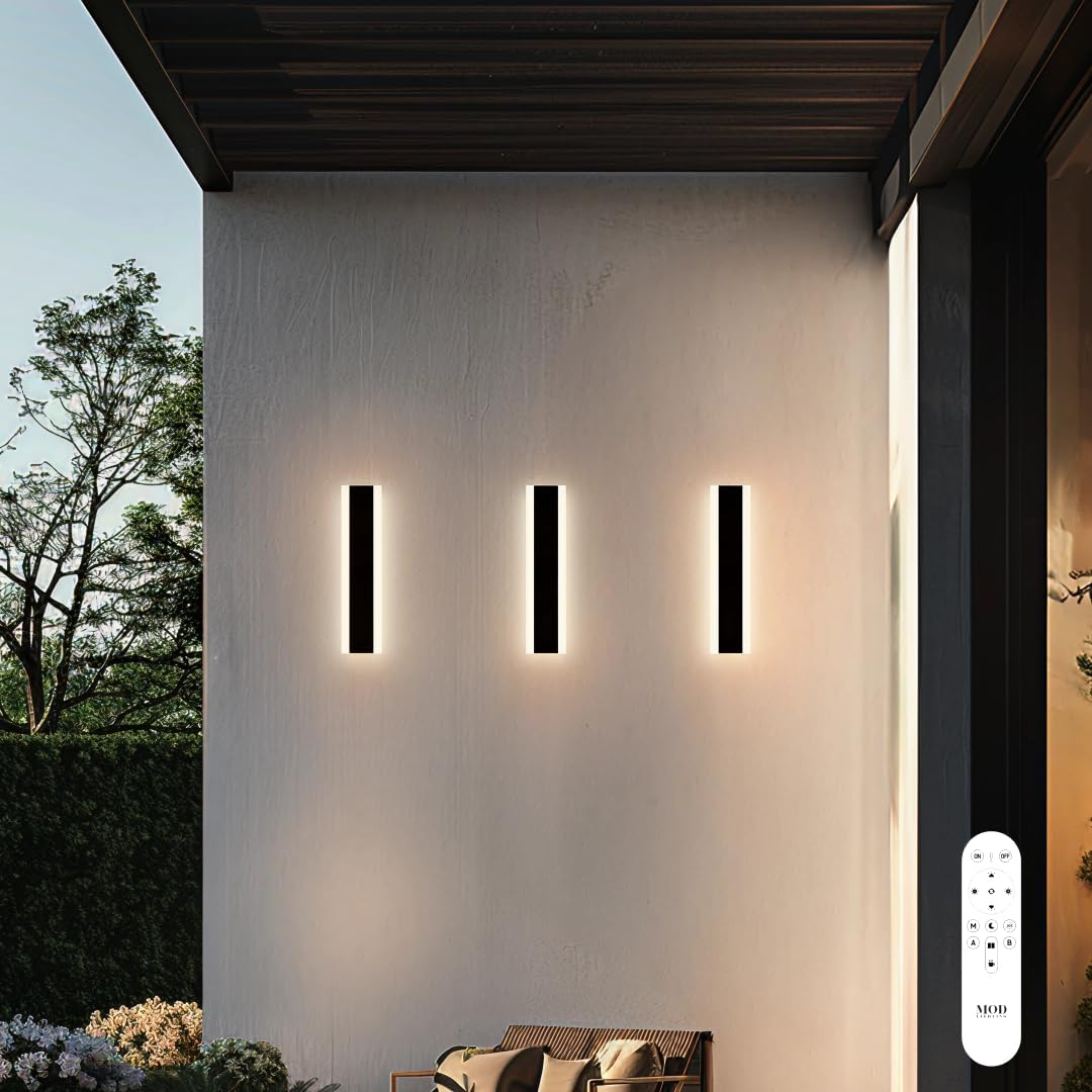𝗠𝗢𝗗 𝗟𝗜𝗚𝗛𝗧𝗜𝗡𝗚 Haylen | Waterproof Outdoor Wall Light, LED Dimmable with Remote 3000K-6000K, Long Outdoor Porch Lights, Wired Lighting Fixture, Patio Exterior Wall Sconce, 2-Pack (Black, 12