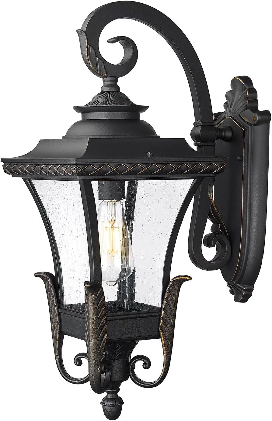 Emliviar 1-Light Farmhouse Outdoor Porch Light, 23.6 Inch Exterior Wall Mount Lamp for House Garden, Black Finish in Seeded Glass, XE291BM BG