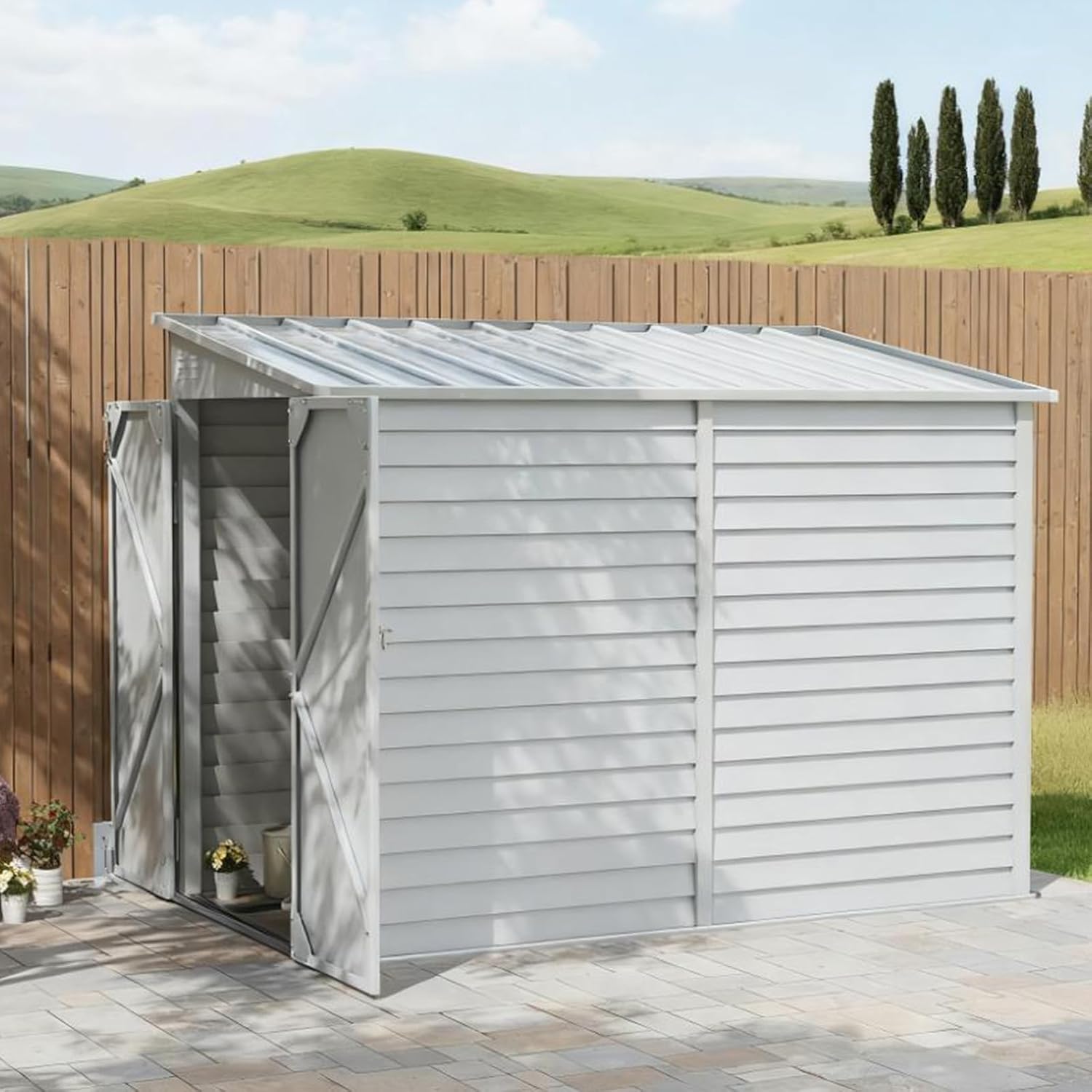 5x9 FT Outdoor Storage Shed, Large Metal Tool House Garden Storage Shed, Updated Frame Structure with Ventilation Opening and Lockable Sliding Door, for Garden, Patio (White B)