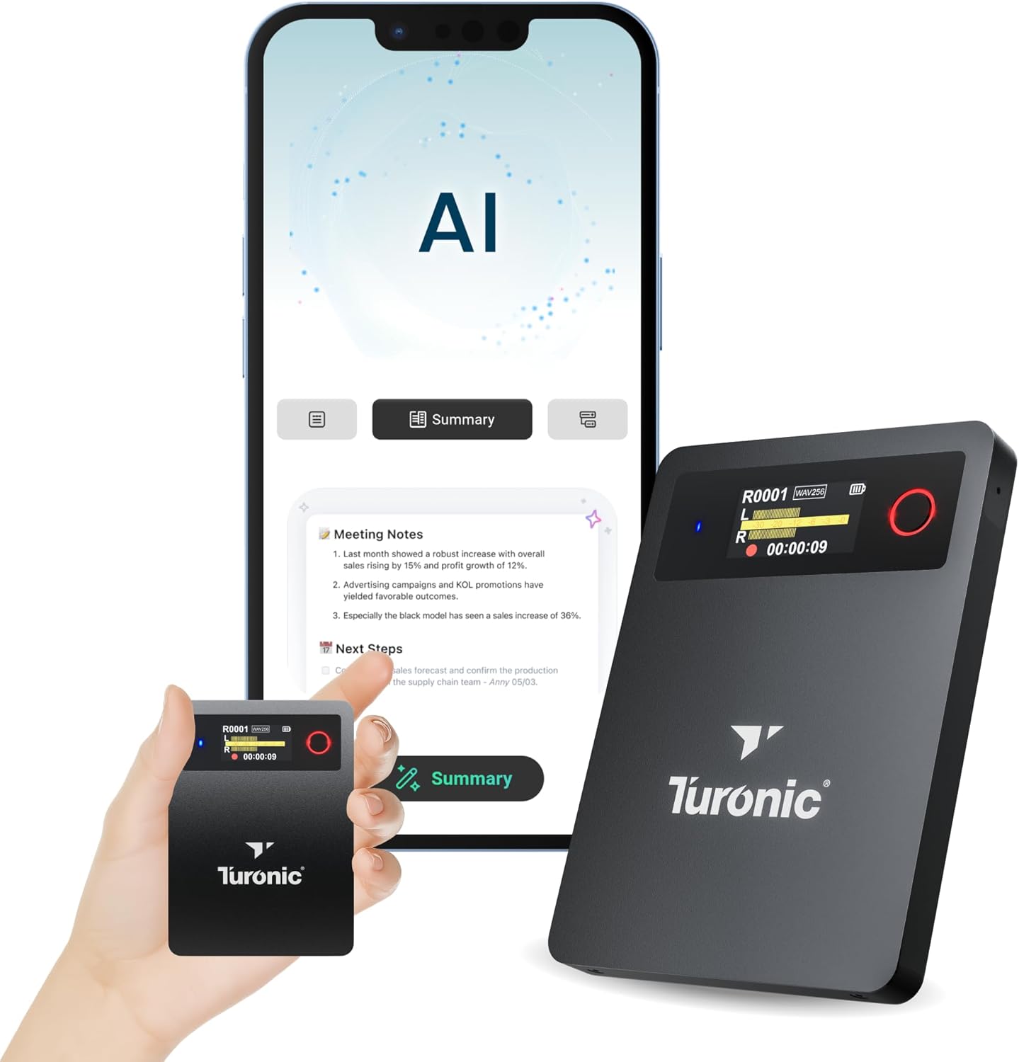 Turonic L813 AI Voice Recorder with AI Technology – 128GB, USB-C, Dual Mics, Noise Canceling, Transcription, File Security, Compact Design for Work, Study, and Interviews
