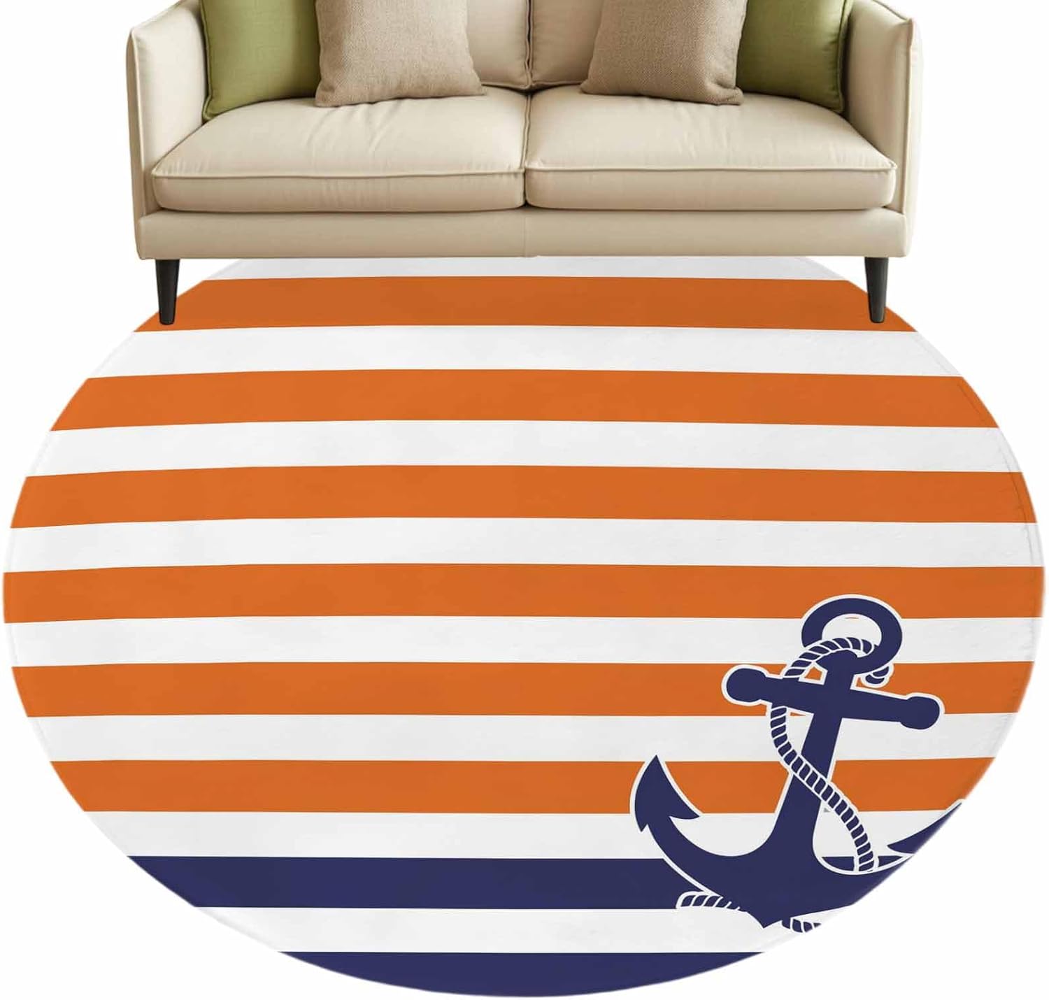 Roung Area Rug Fluffy Carpet,7ft Navy Blue Anchor Vintage Soft Shaggy Circle Rugs Non-Slip Accent Floor Mat for Living Room Bedroom Nursery Office Decor,Costal Orange White Stripes