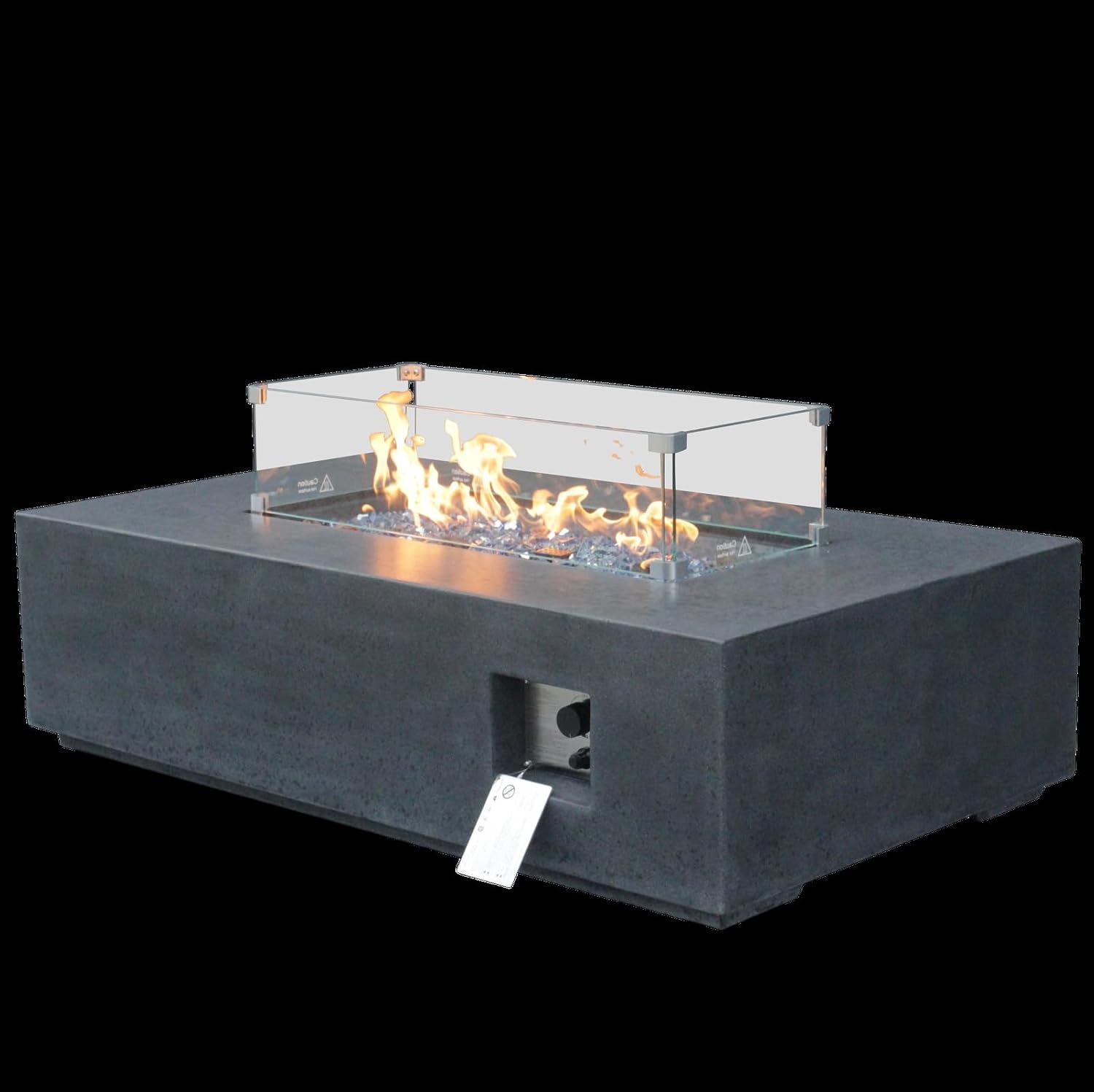 Penau 52 Inch Outdoor Concrete Propane Gas Fire Pit Table, 65000 BTUs, Dark Gray Color, Includes Glass Wind Guard and Waterproof Cover