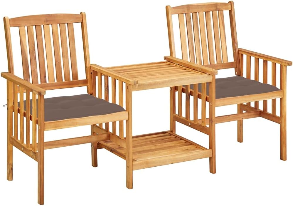 Patio Chairs with Tea Table and Cushions Solid Acacia Wood,Rustic Wooden Bistro Set with Cushions for Garden and Patio Patio Furniture Sets, Outdoor Furniture Sets