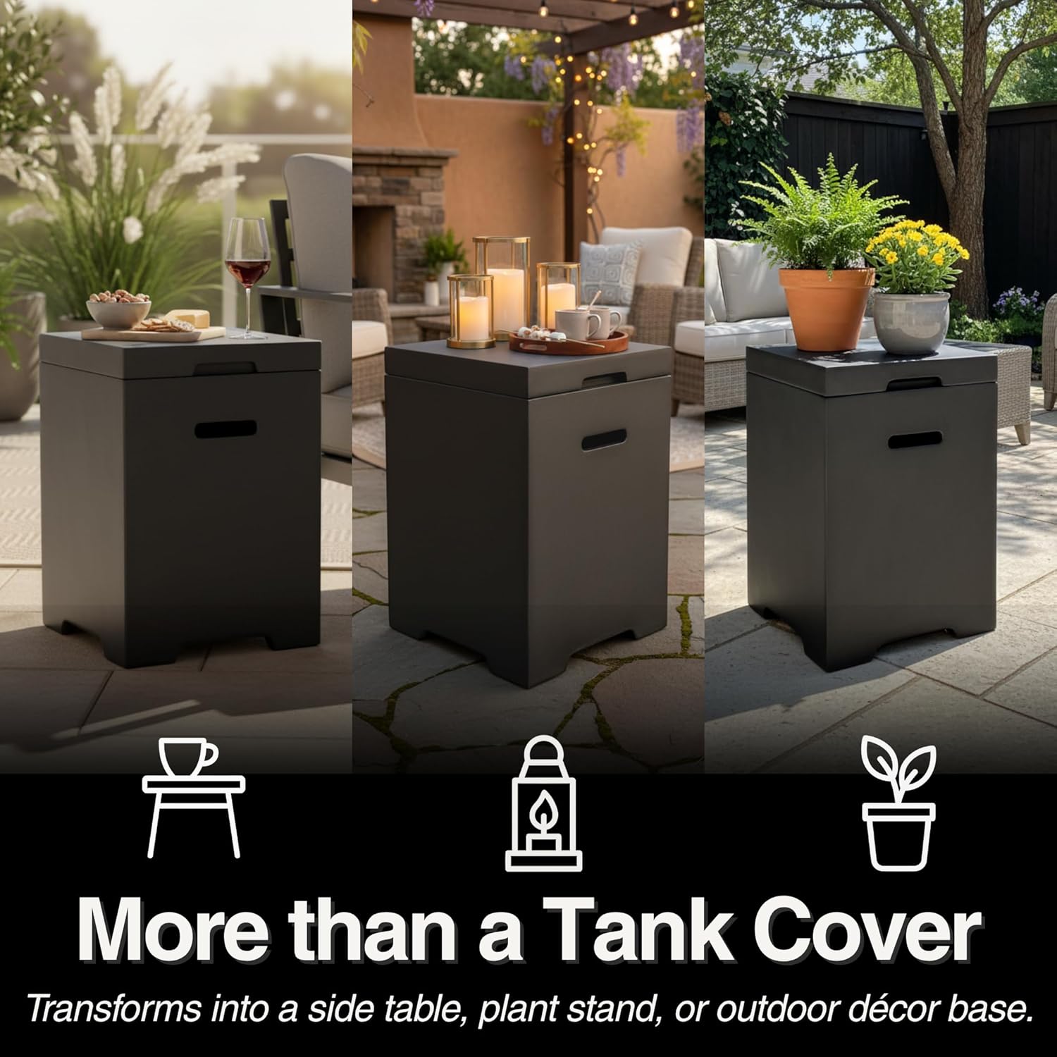 Concrete Propane Tank Cover with Functional Side Table Design, Dark Grey Lightweight Construction Hides 20LB Cylinders for Fire Pit and Griddle Setups While Providing Patio Table Space