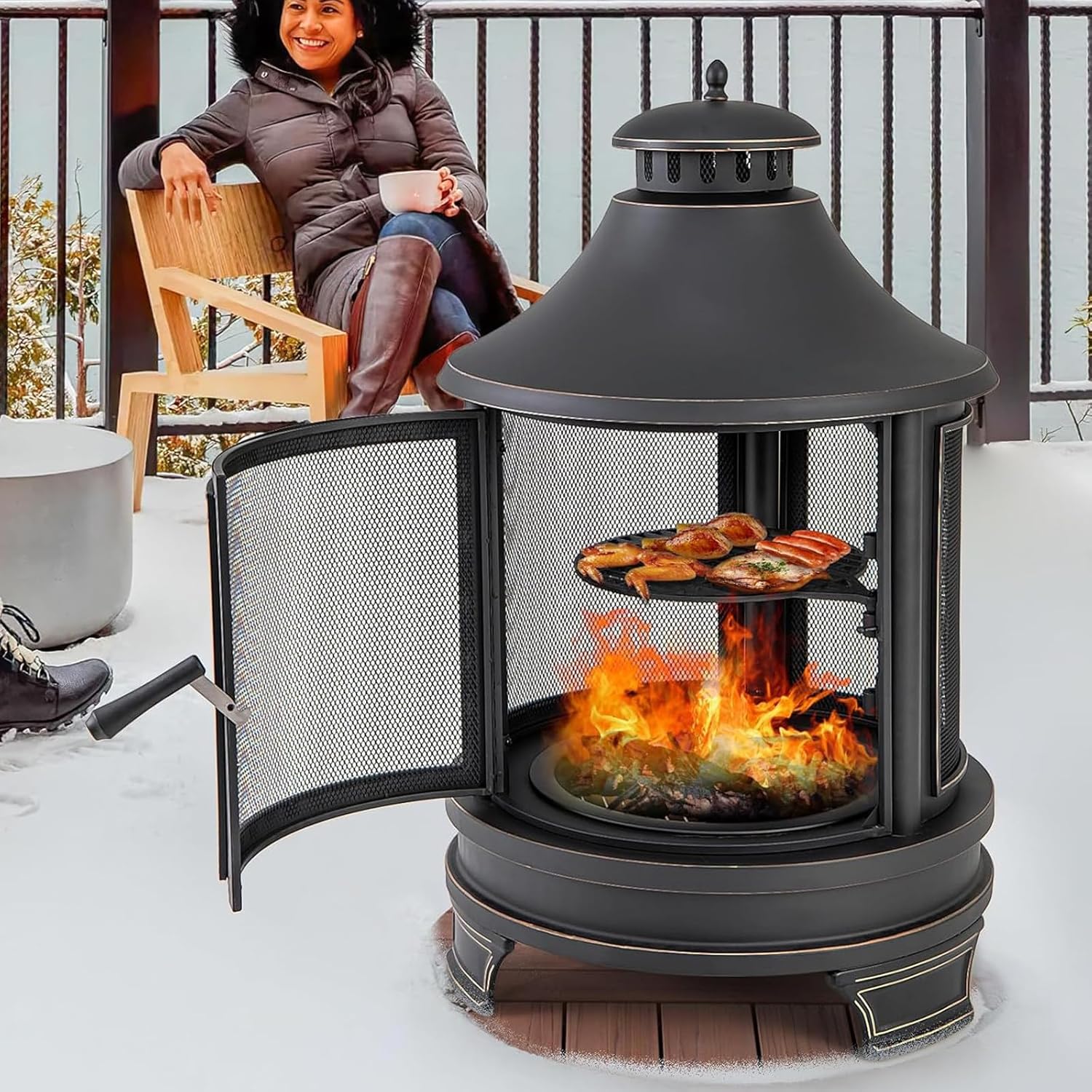 2 in 1 Outdoor Fire Pit with Grill, Metal Chiminea with Chimney, Spark Screen Door & Fire Poker, Patio Firepit for Camping, Garden, Backyard, BBQ, Bonfire