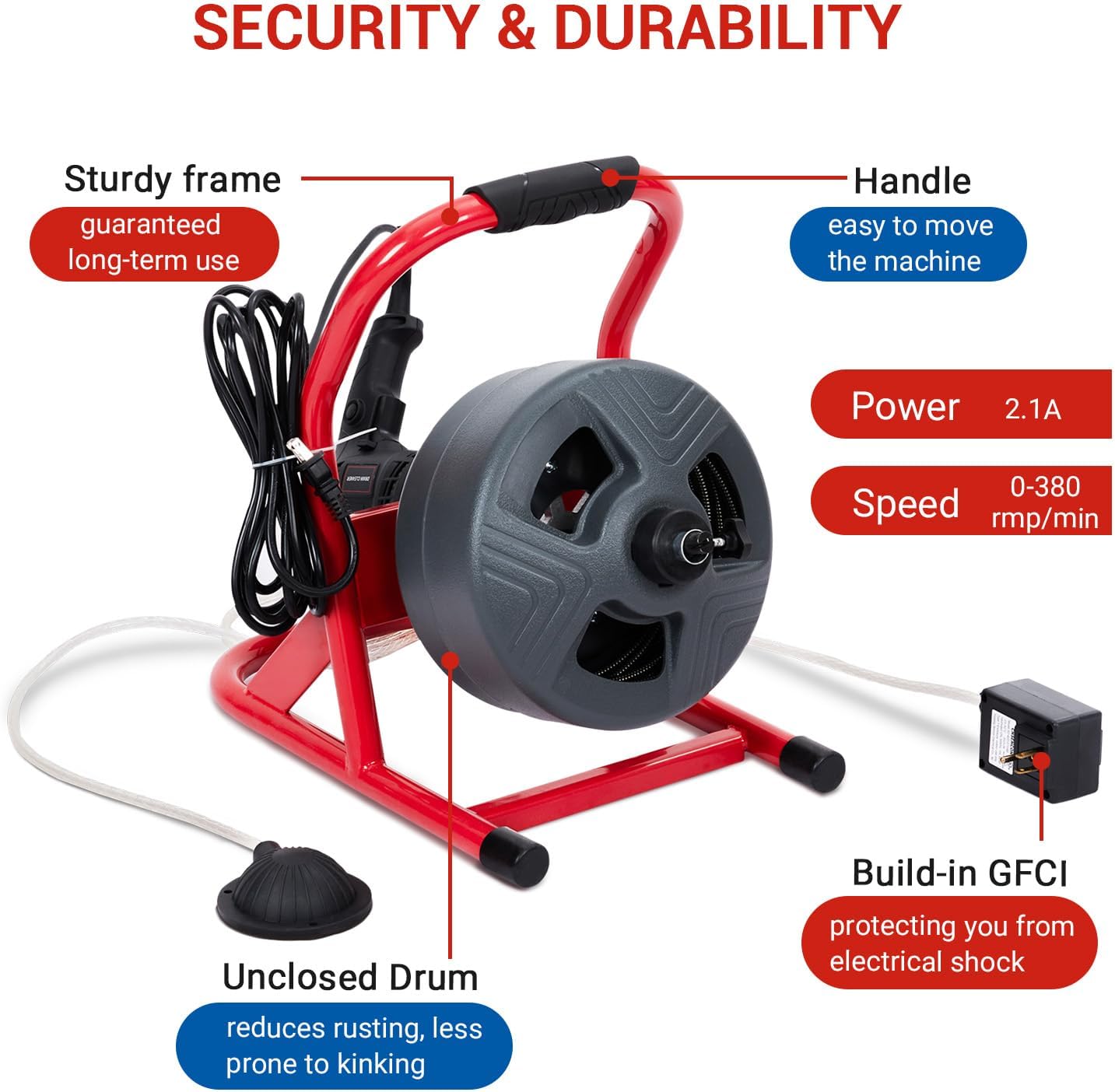 50 ft x 5/16 in Drain Cleaner Machine Professional for 3/4 in - 3 in Pipes, Foot Switch with 6 Cutters, Glove, Drain Auger Cleaner Sewer Snake for Bethroom/Kitchen Drains