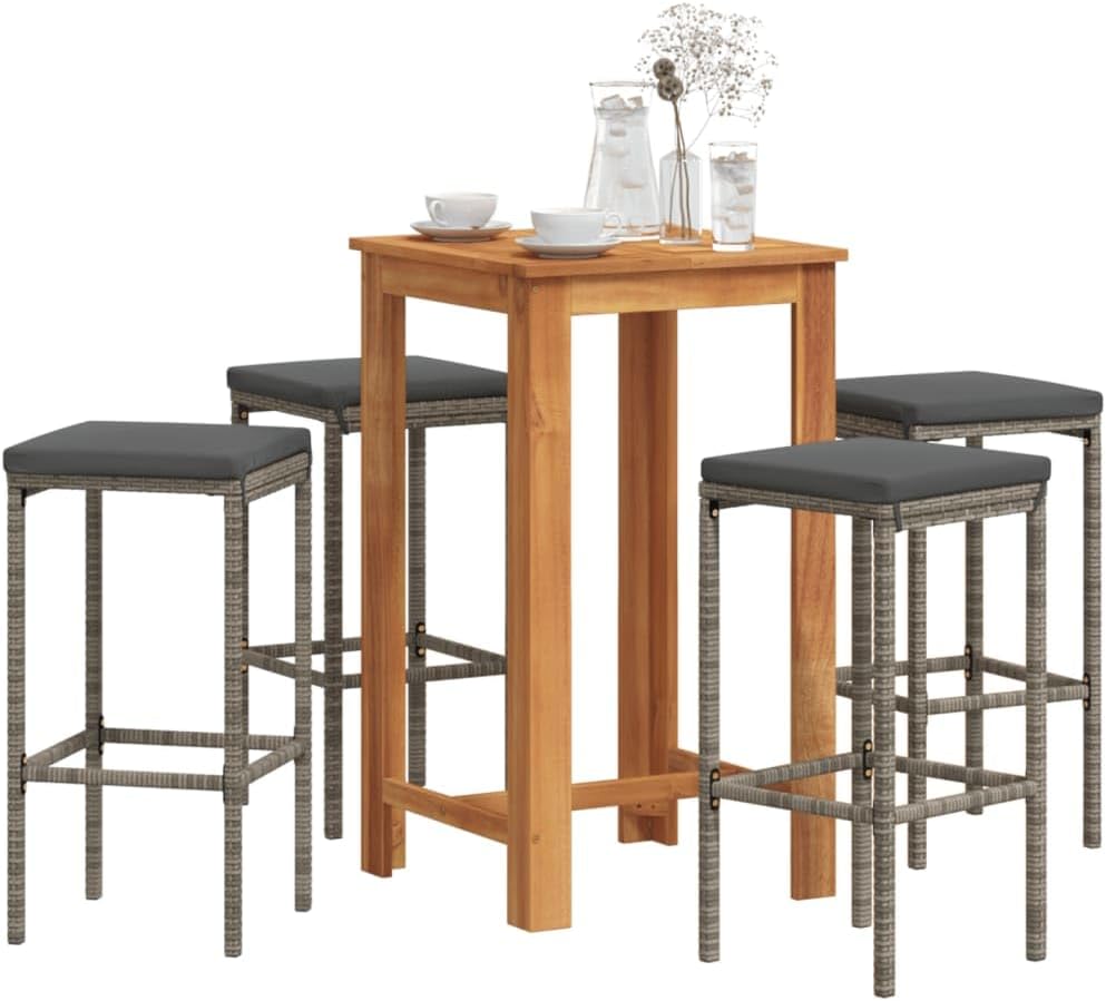 5 Piece Patio Bar Set Gray Solid Wood Acacia and Poly Rattan,Contemporary Outdoor Patio Bar Set Durable Acacia Wood Table and PE Rattan Stools for Dining and Lounging Furniture Sets for Patio, Lawn &