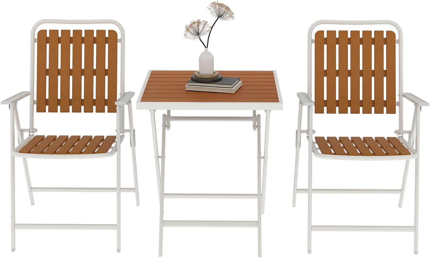 3 Piece Outdoor Bistro Set with Yellow Wood-Look Tabletop, Patio Table and Chairs Set of 2, Folding Small Balcony Furniture for Garden, Deck, Porch, Outdoor Bistro Patio Set