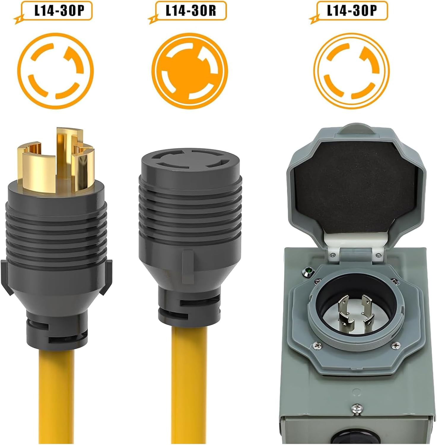 30 Amp Generator Cord and Power Inlet Box (Pre-Drilled) Waterproof Kit, 25 Feet Nema L14 30p Generator Extension Cord with L14-30P to L14-30R Twist Lock Plug for Outdoor Use,125/250 Volts