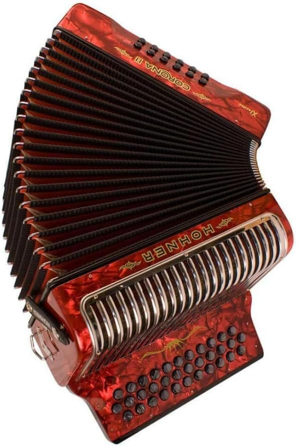 Hohner Corona Xtreme II 34 Pearloid, 31 Treble and 12 Standard Bass Buttons Bisonoric Accordion with Diatonic Class and 2 Voices MM (FBbEb Keys, Pearl Red)