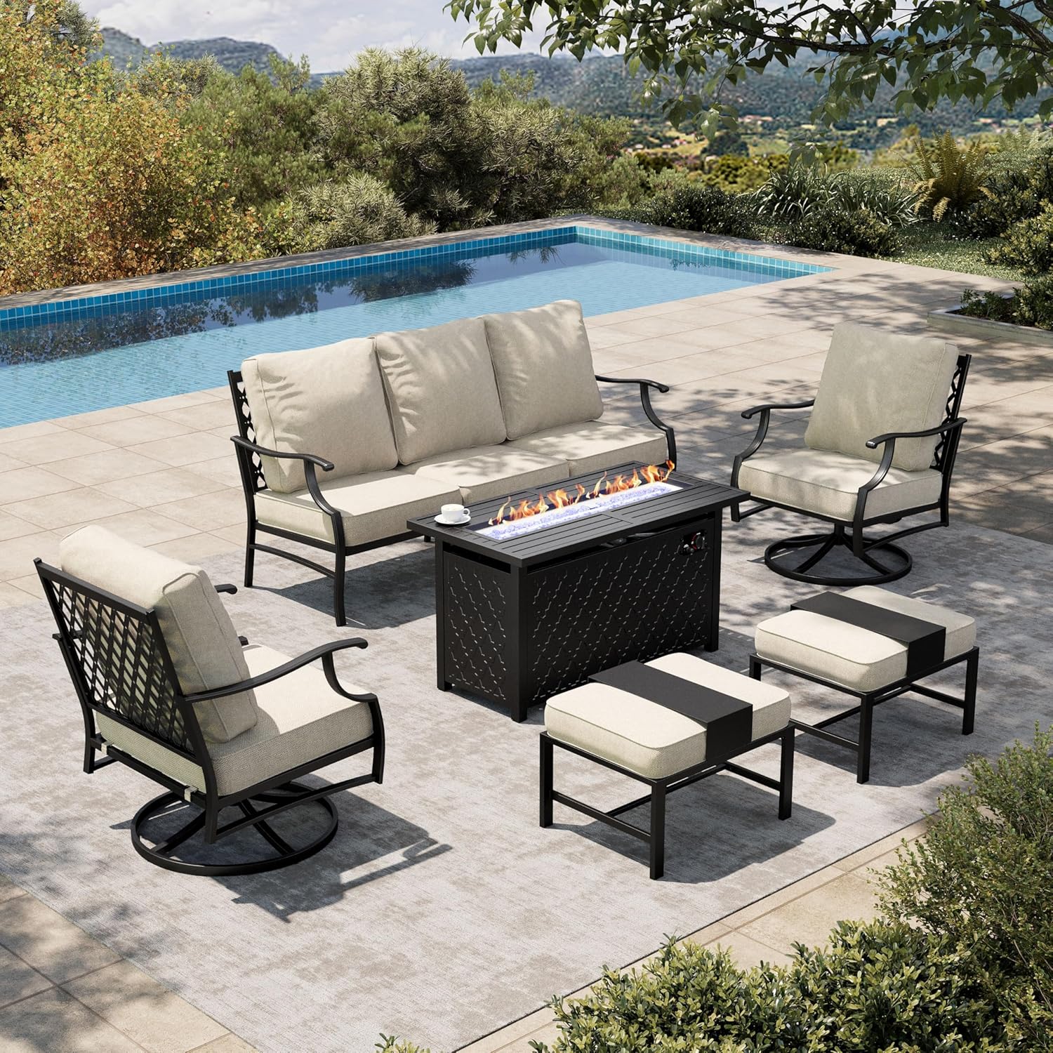 HERA'S HOUSE 6 Pieces Patio Furniture Set with Fire Pit Table, 2 x Swivel Chair, 2 x Ottoman, 3-Seat Sofa with 45