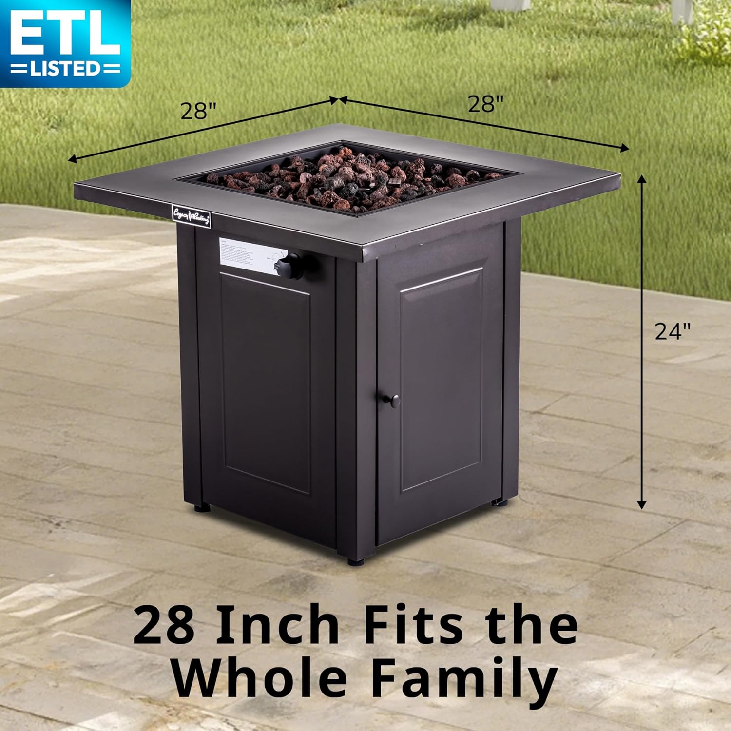 Hexago 28 Inch Propane Fire Pit Table, 50,000 BTU Square Outdoor Gas Fire Table with Lid & Lava Rocks, Auto Ignition, ETL Certified, for Patio, Backyard, Garden & Deck