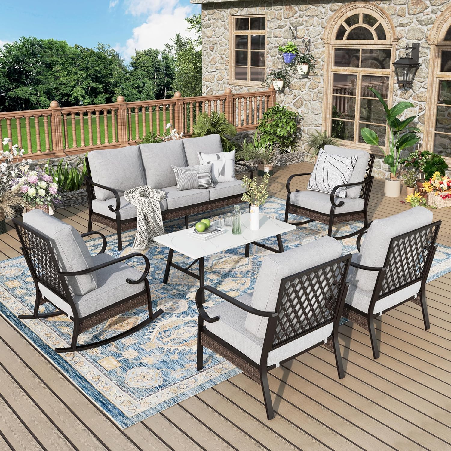 Patio Furniture Set with Coffee Table, Outdoor Conversation Set with 2 x Fixed Chairs, 2 x Rocking Chairs, 1 x 3-Seat Sofa for Lawn Garden Backyard, Light Grey