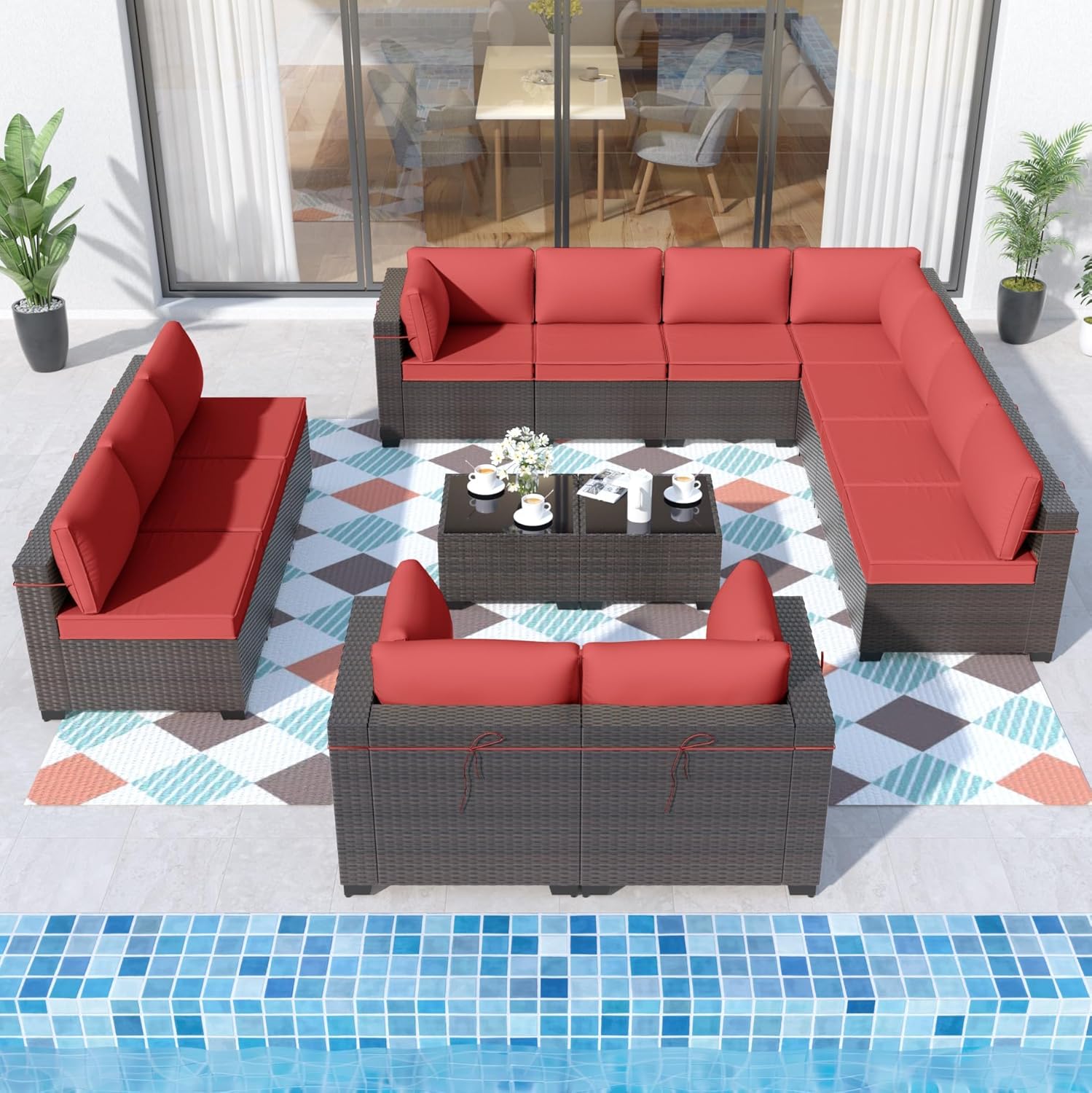 ALAULM 14 Pieces Patio Furniture Set Wicker Patio Conversation Set, Outdoor Sectional Furniture w/Coffee Table & Washable Seat Cushions-Red