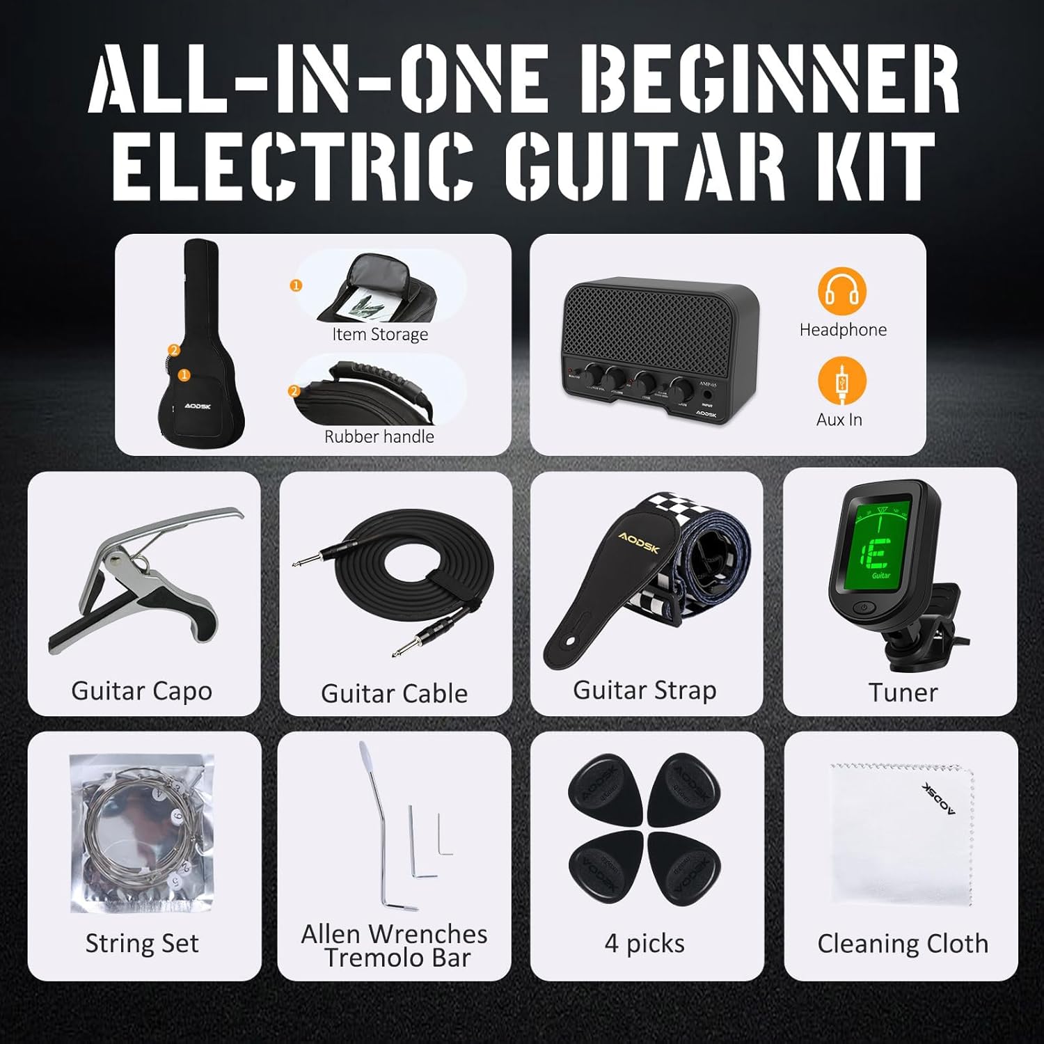 AODSK Electric Guitar with Amp Beginner Kit 39 Inch Solid Body Full Size,All Accessories,Digital Tuner,Six Strings,Four Picks,Tremolo Bar,Strap,Gig Bag,Starter kit (Blue-HSS)