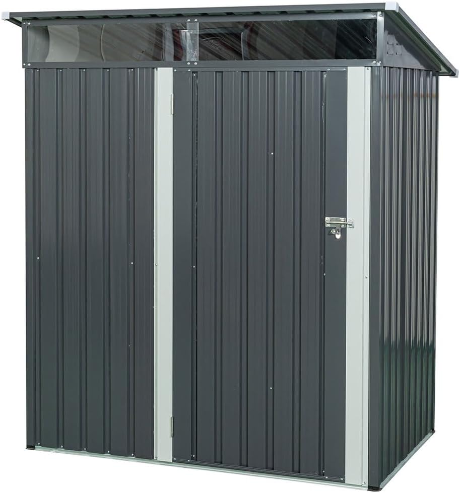 Outdoor Storage Shed 5x3 FT, Heavy Duty Steel Tool Shed with Lockable Doors, Sloped Roof & Window, Metal Garden Storage House for Backyard, Patio, Lawn,Gray