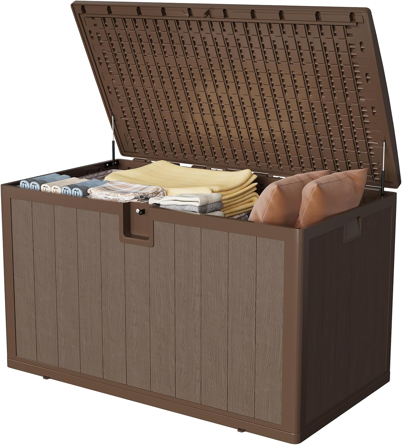 130 Gallon Outdoor Storage Deck Box – Waterproof, Lockable Heavy Duty Plastic Bin for Patio Furniture, Garden Tools, Pool Accessories – Faux Wood Grain – Brown Imitation Wood Grain