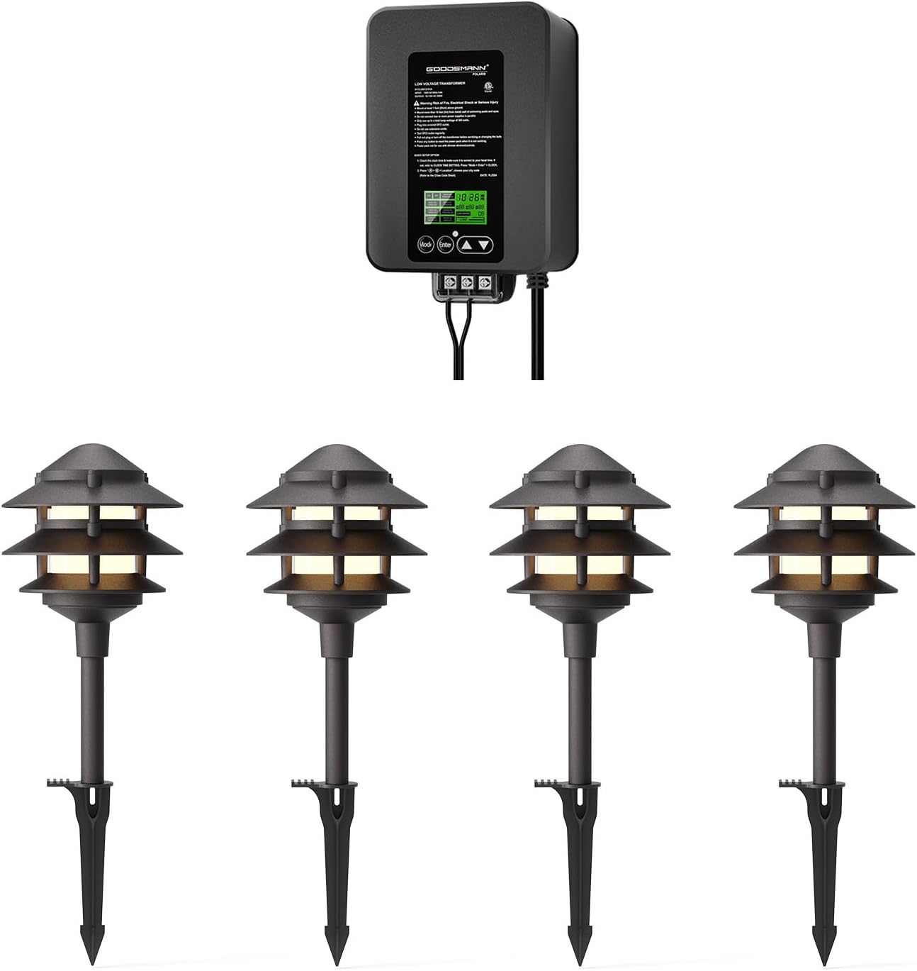 GOODSMANN Landscape Lighting 4PK Pathway Lights Low Voltage 2.2 Watt LED 12V AC Landscape Lights 30 Lumen Warm White with 300W Low Voltage Transformer