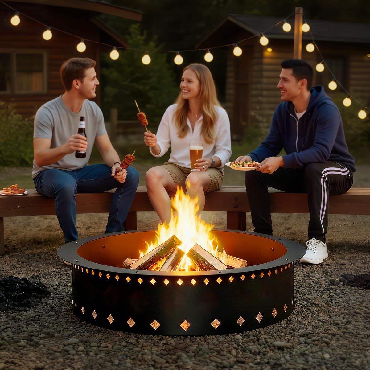FANHAO Outdoor Fire Pit + 36-Inch Fire Ring Smokeless, Wood Burning Fire Pit Ring Duty Solid Metal Steel
