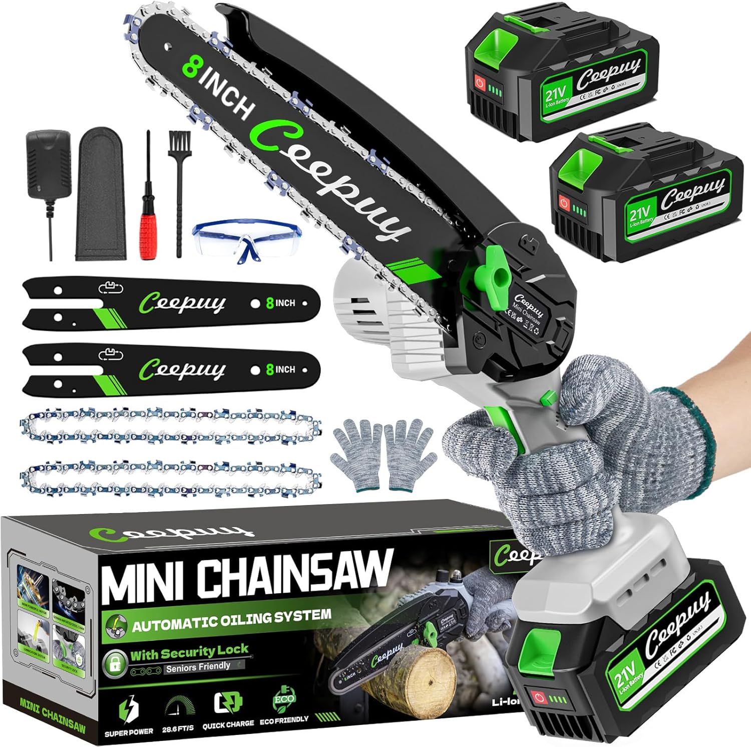 Mini Chainsaw Cordless 8 Inch with 2x 4000mAh Batteries, Portable Electric Chain Saw, Automatic Oiler, Battery Powered Small Handheld Saw, Security Lock Trees Branches Trimming, Wood Cutting, 2025