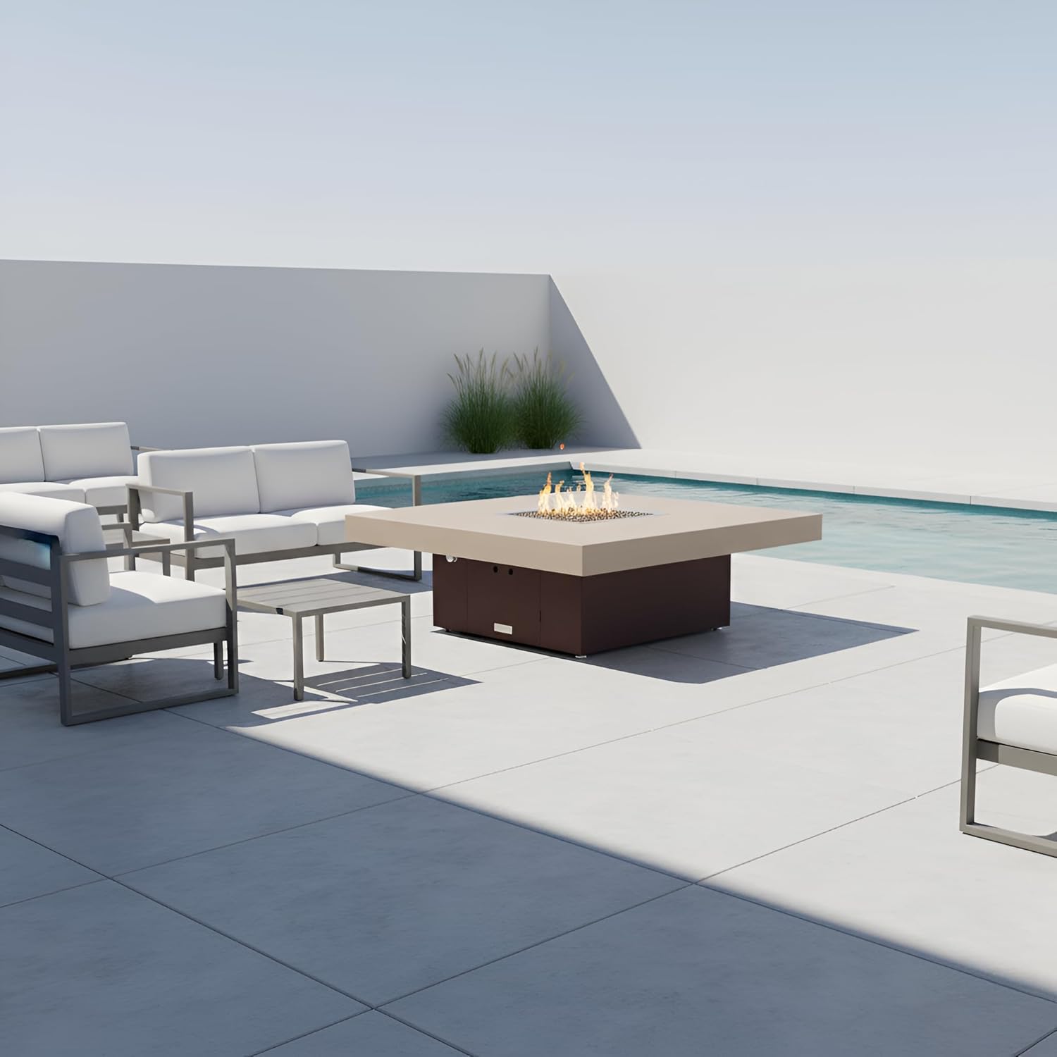 COOKE Santa Barbara 40 x 40 Square Fire Pit Table - Beige Powdercoat Aluminum Top - Propane (Dark Cherry Powdercoat Base)