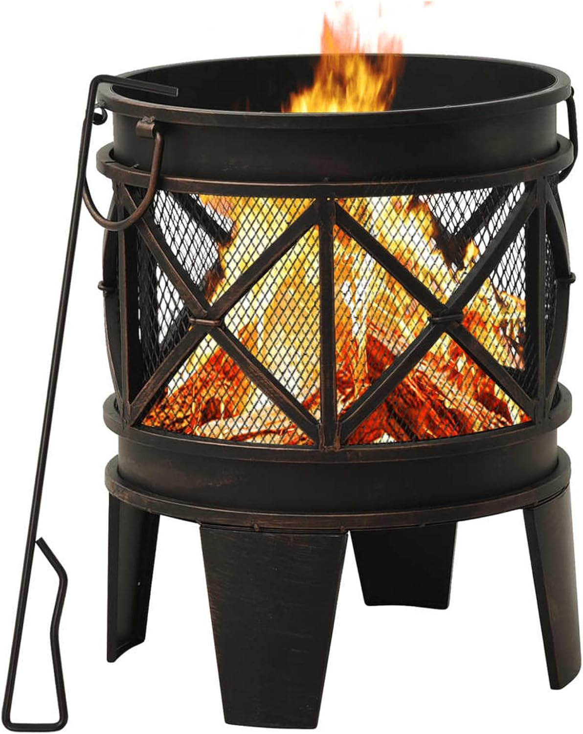 Rustic Fire Pit with Poker, Large Steel Bowl, 16.5in x 21.3in, Black and Brown, for Outdoor Garden or Patio