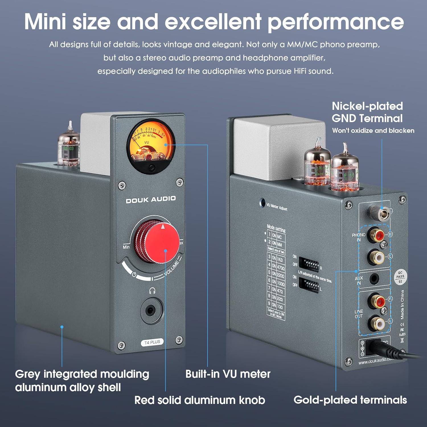 Douk Audio Tube Phono Preamp: HiFi MM/MC Turntable Preamplifier | Headphone Amp with AUX Input | VU Meter for Record Players, Vinyl Systems Audiophiles (T4 Plus)