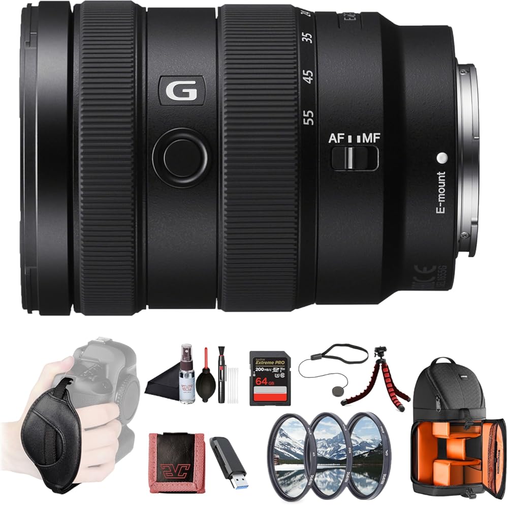 Sony E 16–55mm F2.8 G Standard Zoom Lens (SEL1655G) – APS-C E-Mount | Constant F2.8 Aperture | G Lens Optics | Filter Kit, Backpack, 64GB Card, Card Reader, Flex Tripod, Memory Card Wallet and More
