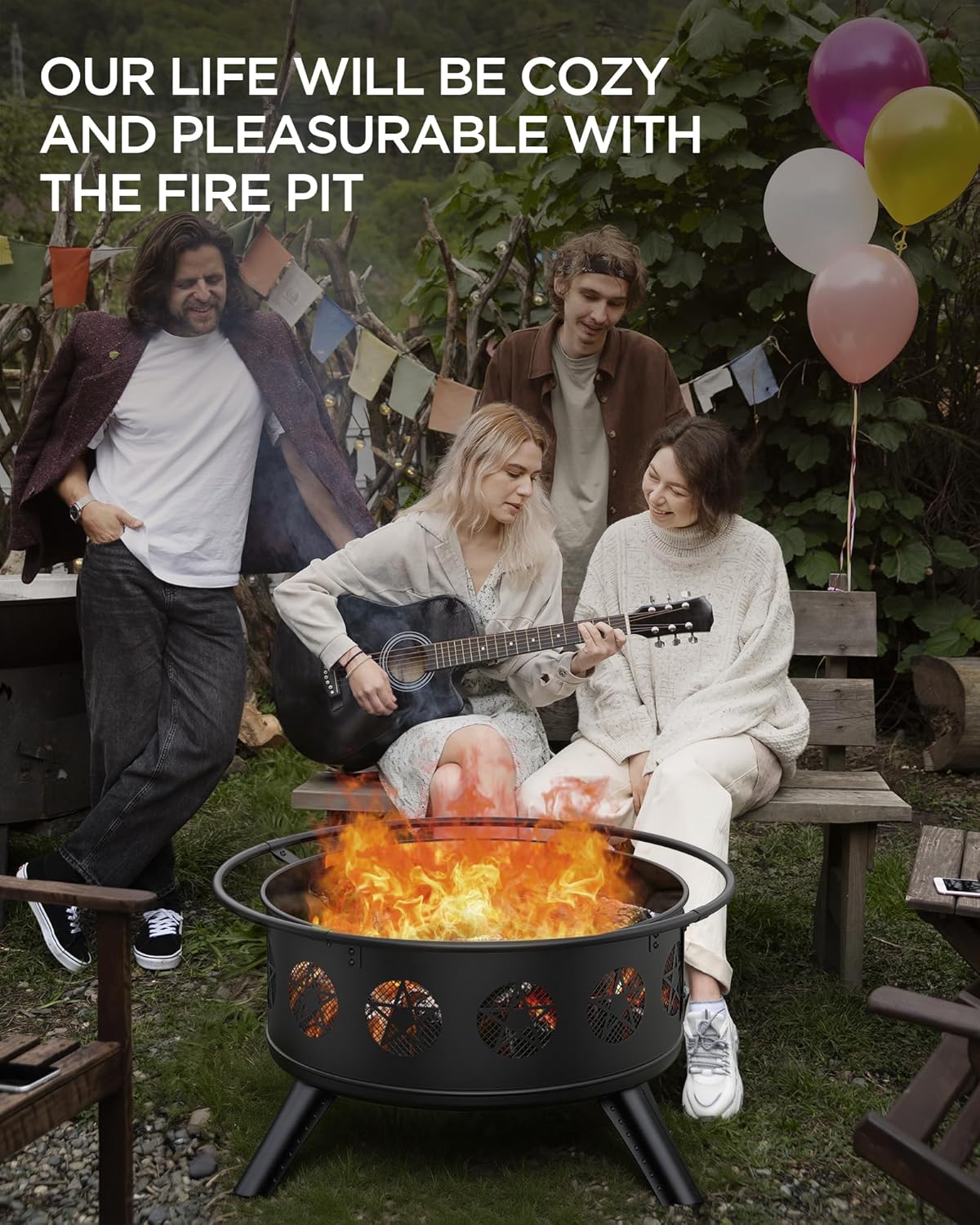 32 Inch Fire Pit with BBQ Grill & Mesh Cover, Wood Burning Fire Pits for Outside with Fire Poker, Pentagram Hollow Design, Round Metal Outdoor Firepit for Patio, Garden, Backyard, Bonfire Party