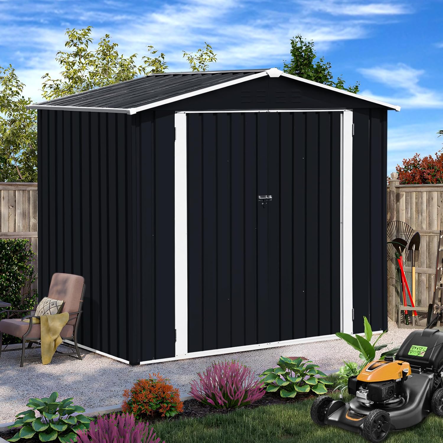 Outdoor Storage Shed Waterproof 4.2x7 FT, Heavy Duty Metal Outside Utility Tool Portable Shed House with Lockable Doors for Patio Backyard Garden, Black
