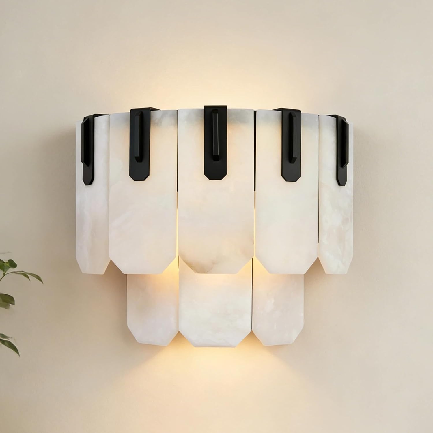 Natural Alabaster Wall Sconce, Elegant Art Wall Lamp with Black and White Piano Key Design Shade, Multifunctional Decorative Lighting Fixture for Living Room, Bedroom and Hallway