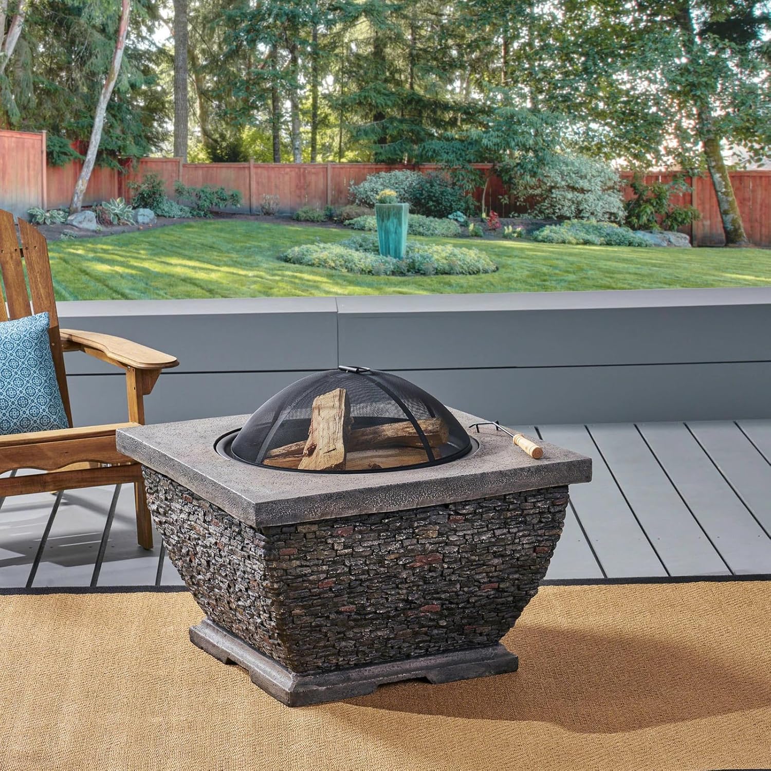 Penau 32 Inch Lightweight Square Fire Pit - Durable MgO Construction, Handcrafted Details, Grey Finish, No Assembly Required - Ideal for Patio Gatherings