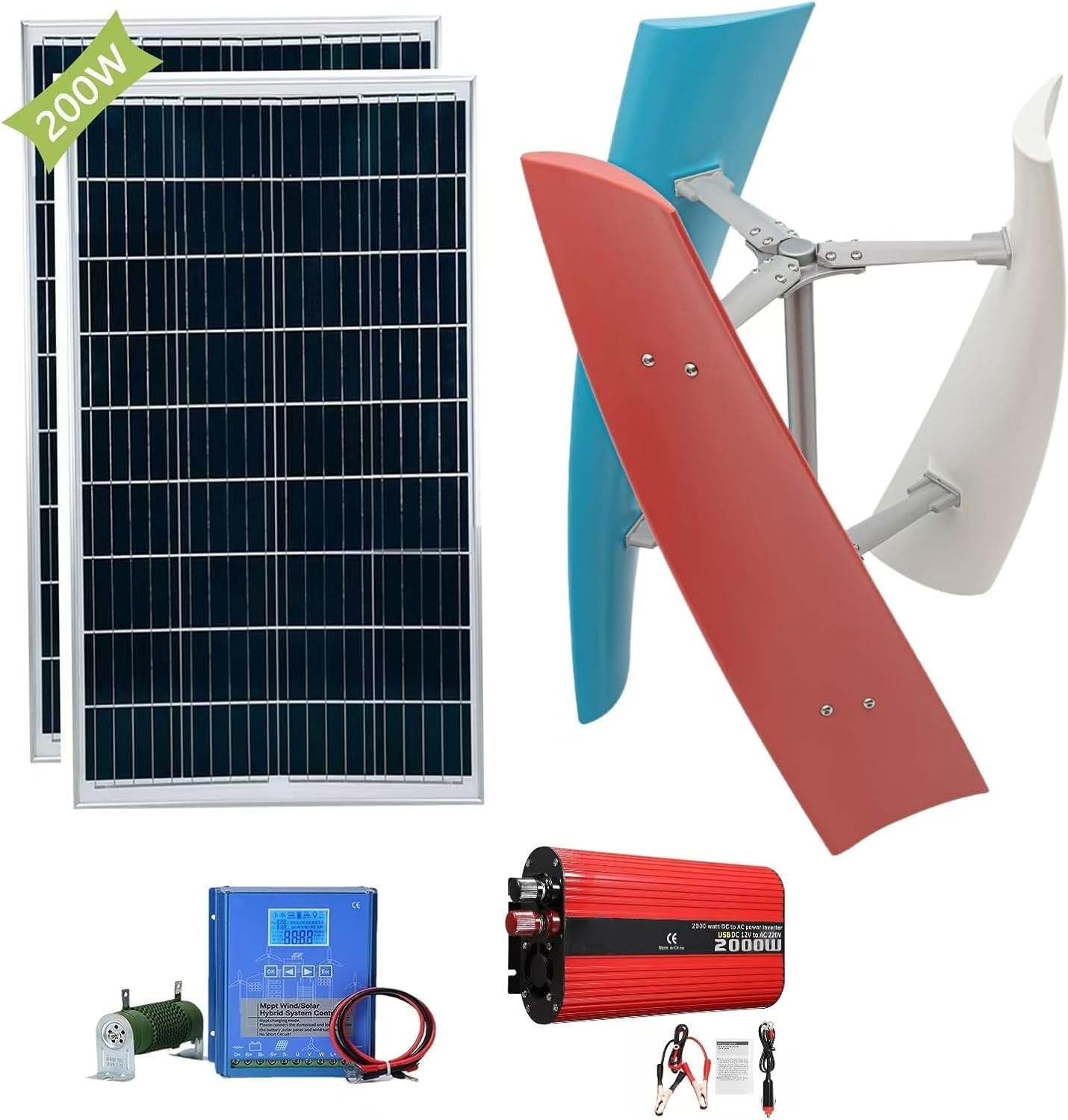 CAJUCA 48V, 1200W Wind Turbine Generator Kit Vertical Axis Wind Turbine Generator Kit with Controller and 2 * 100Wsolar Panels Wind and Solar Complementary