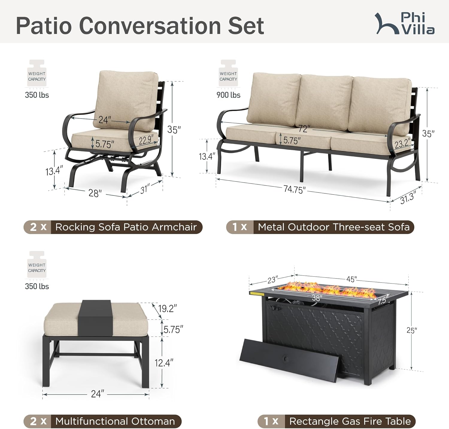 PHI VILLA 6 PCS Patio Furniture Set with FirePit Table, Outdoor Conversation Set with 1 x 72 Deep Seating Sofa Bench, 1 x 45 Gas Firepit Table, 2 x C-Base Sofa Chairs, 2 x Metal Cushioned Ottoman