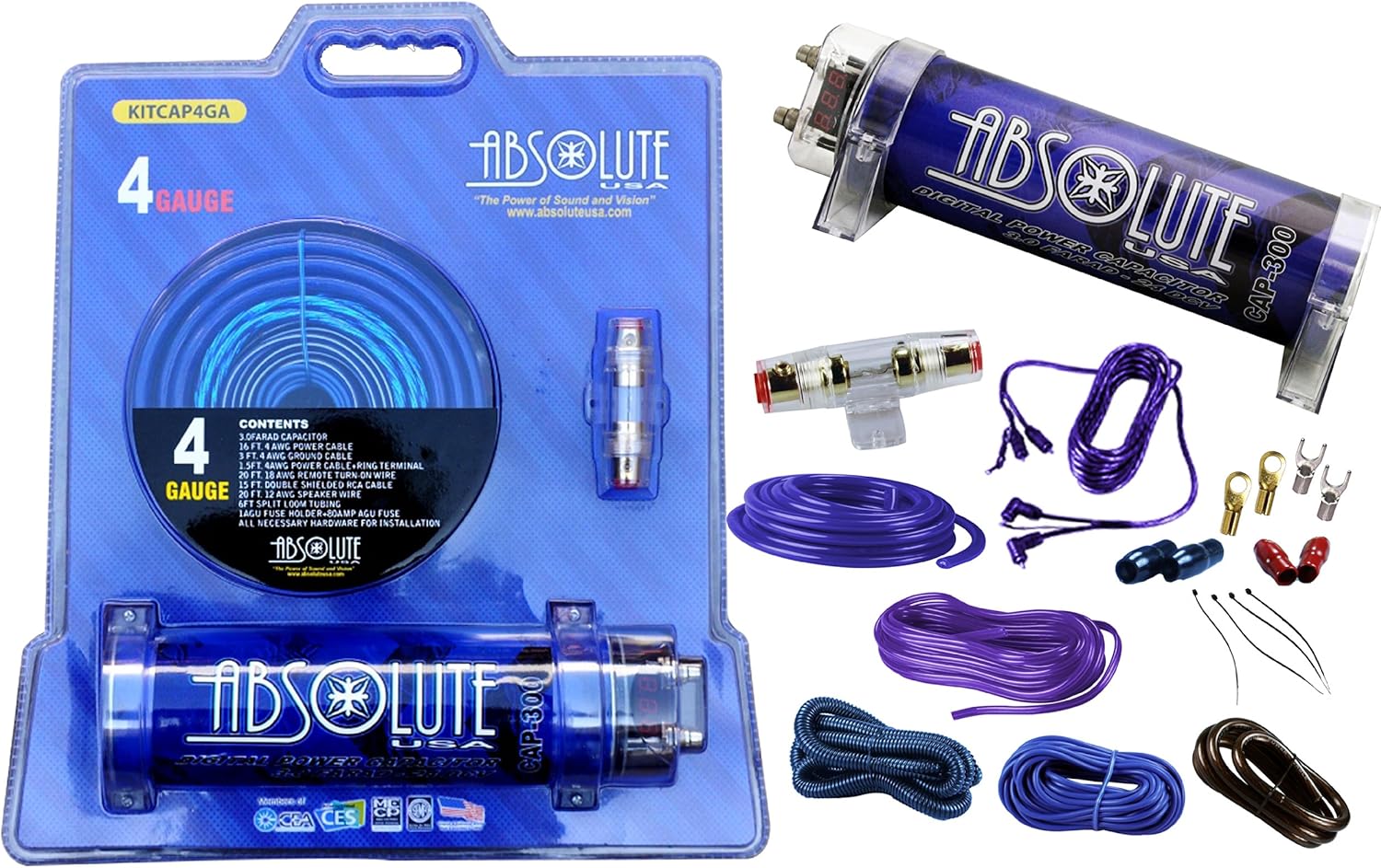 Absolute USA KITCAP4GABL 3.0 Farad Power Capacitor 4 Gauge Car Amplifier Installation Wiring Complete Kit (Blue)