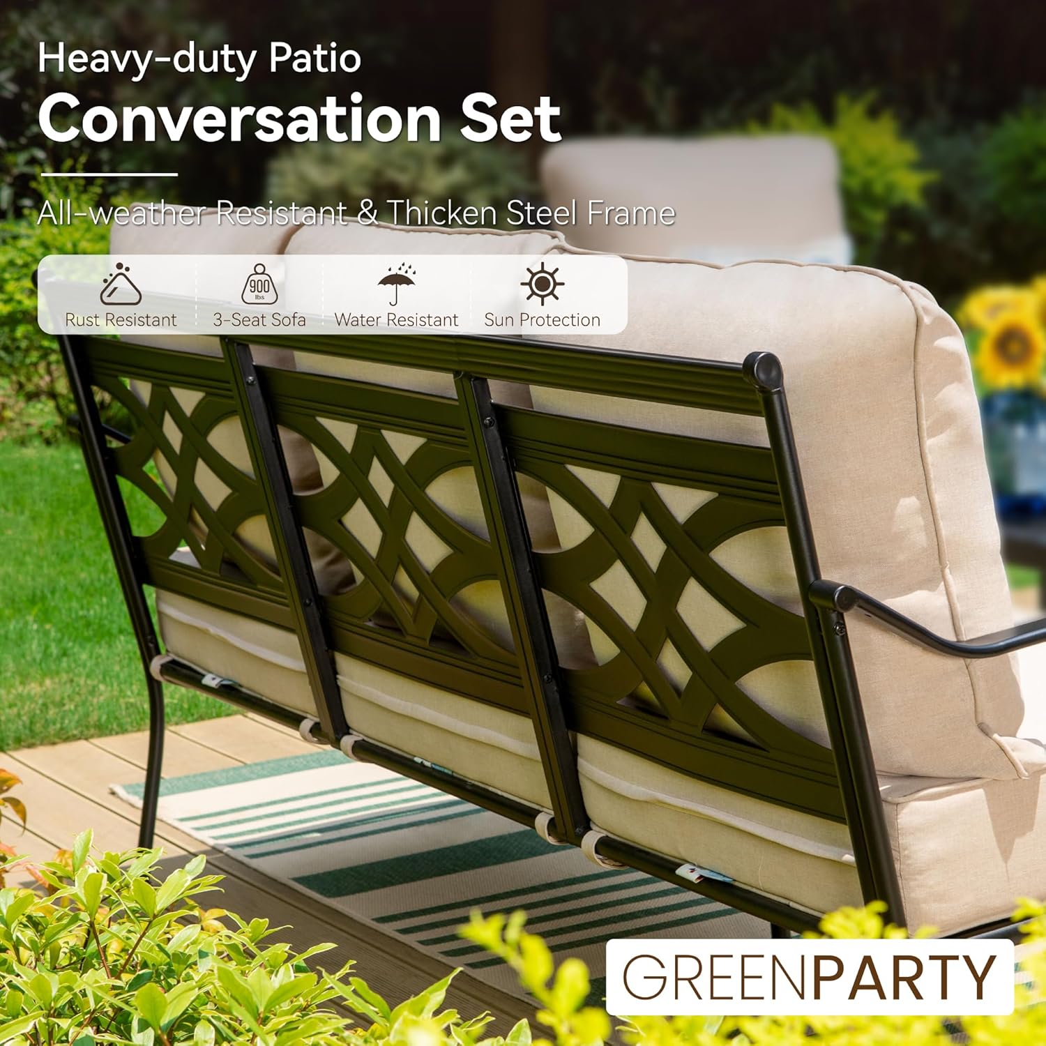 6-Pieces Metal Patio Furniture Sets, Outdoor Sectional Patio Conversation Set with Fire Pit Table, ALL Weather Black Metal Patio Sofa Set with Beige Cushions for Deck,Lawn,High Back,Swivel Chair