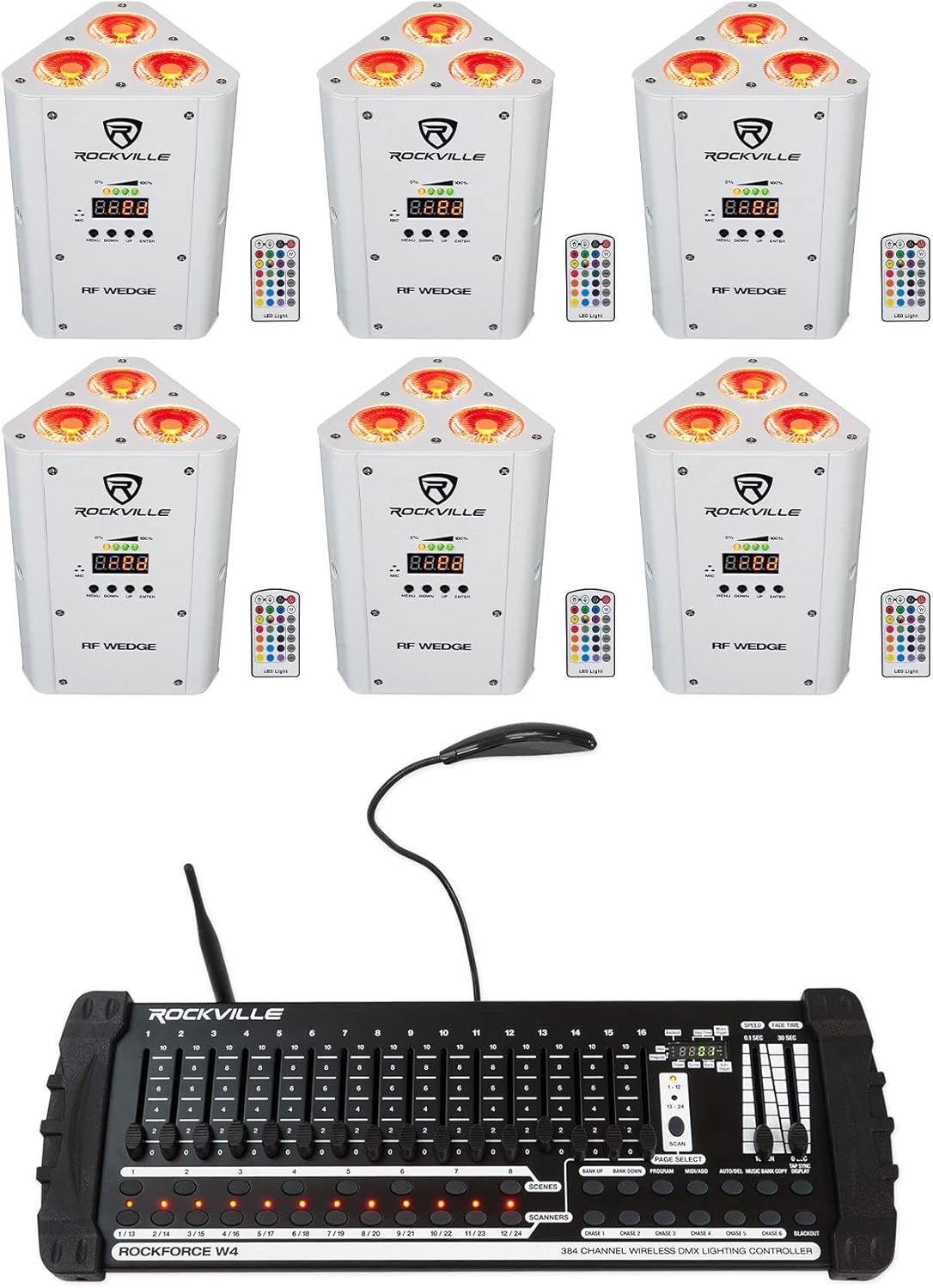 Rockville RF Wedge White 54W Bundle: (6) RGBWA UV Battery Wireless DMX LED Uplight Pars with RF Remotes, ROCKFORCE W4 384 Channel Wireless DMX Lighting Controller with MIDI, 7-Items