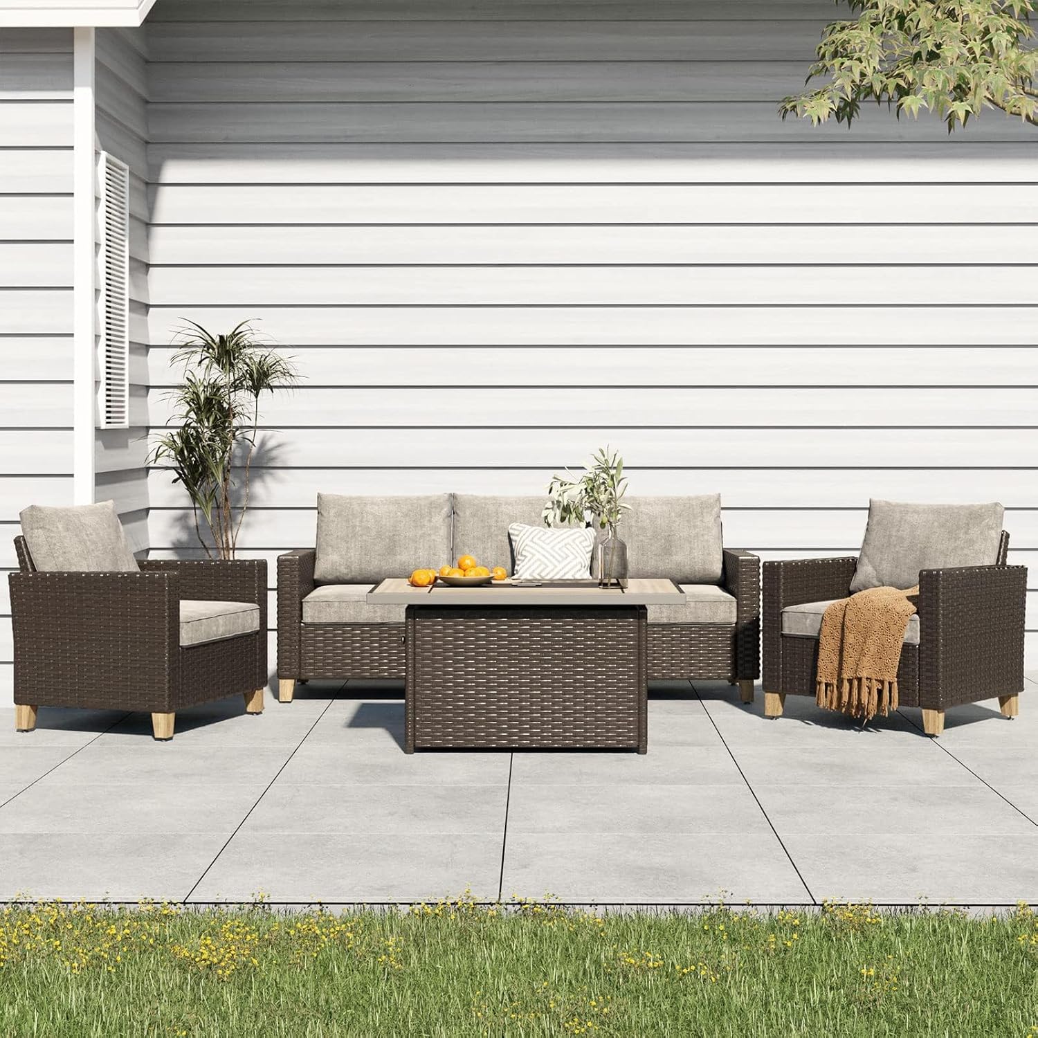Grand patio Sofa Sets 6 Pieces Conversation Set with Fire Pit Table, Wicker Patio Furniture Sectional Sofa with Thick Cushions for Yard Garden Porch (Set for 5 Firetable, 6 PCS)