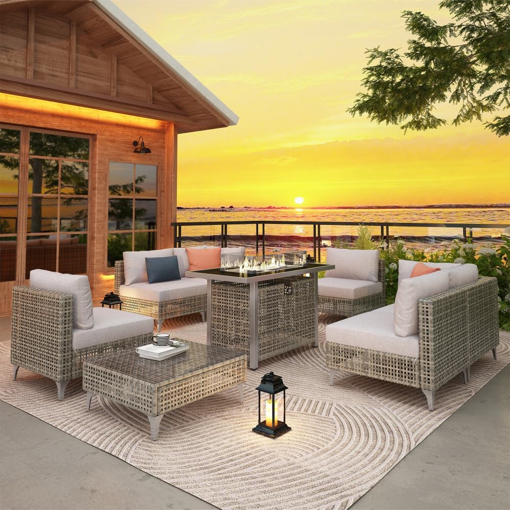 43 Inch Propane Fire Pit Table with Open Weave Wicker Design for Patio Garden Backyard - Orange and Yellow Outdoor Fire Table (8 Piece Sectional Sofa Set with Fire Pit Table - Grey)
