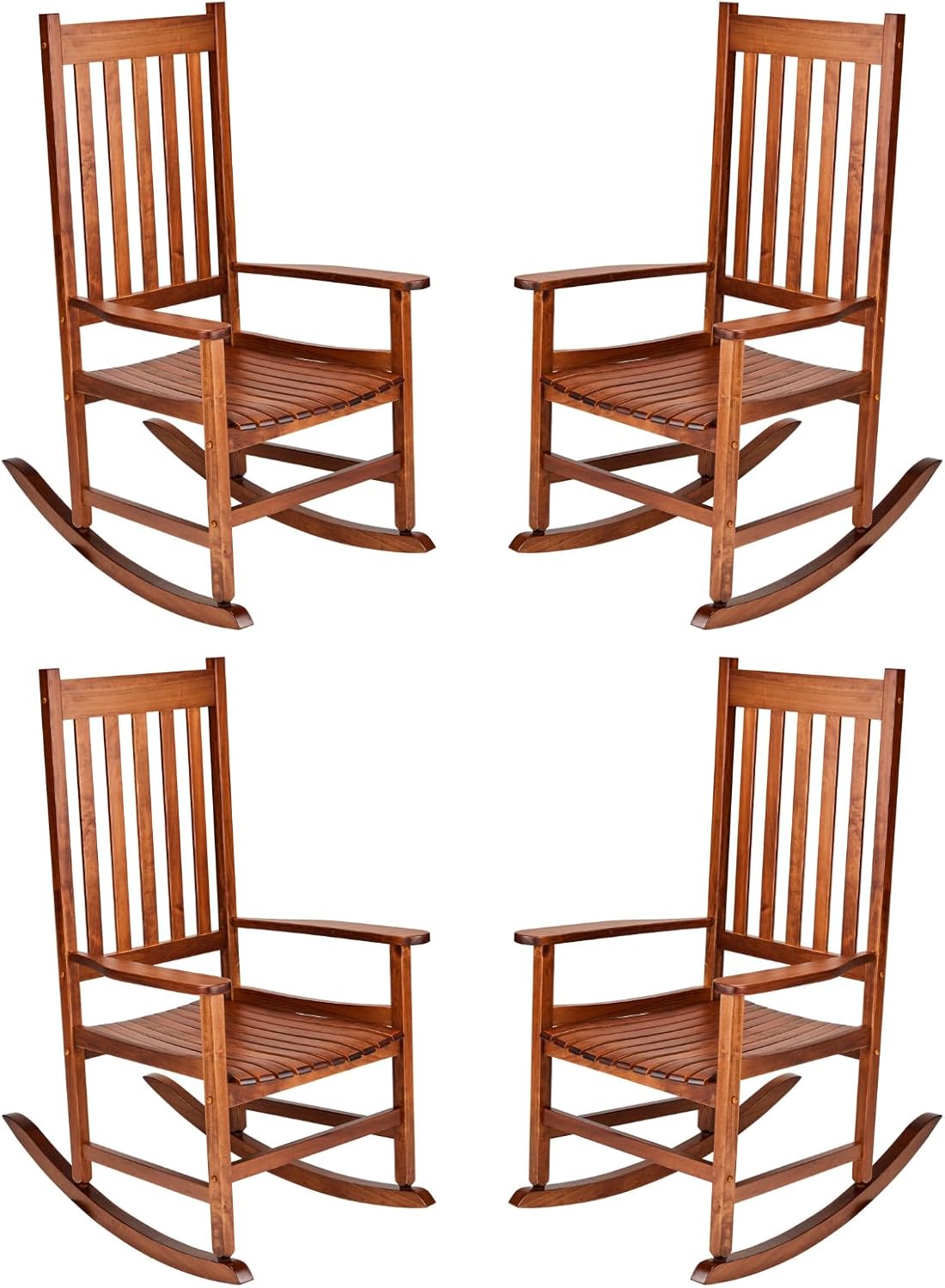 Outvita Outdoor Rocking Chair Set of 4, Solid Wood High Back Rocker, All Weather Lounge Chair for Porch Patio Fire Pit Garden Backyard Deck Indoor, Natural