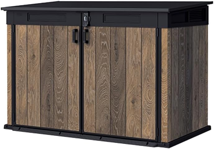 Keter Signature Collection All-Weather Storage Shed with Skylight, Window, Built-in Ventilation, Customizable Walls, & Lockable Double Doors, Walnut