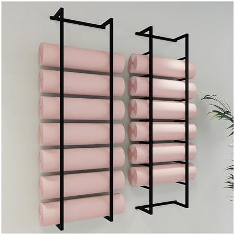 Yoga Mat Holder,Pack Of 2 Yoga Mat Rack Holder, Foam Roller & Exercise Mats Storage Rack Wall Mount, Workout Room/Home/Gym/School/Kindergarten Sports Equipment Organizer(Black 2 Pcs 145Cm/57In Tall)