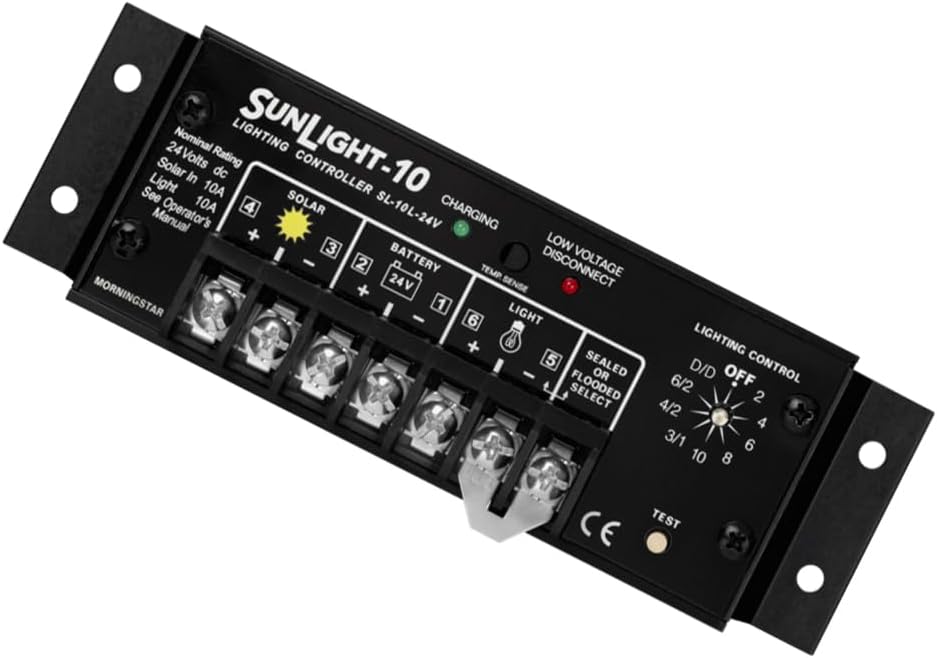 Morningstar Sunlight 10A Solar Charge Controller (SL-10L-24V) - Solar Panel Regulator for 24 Volt Batteries, Lighting Ctrl, Easy Setup, Corrosion Resistant Terminals, 5 Year WTY - Designed in The USA