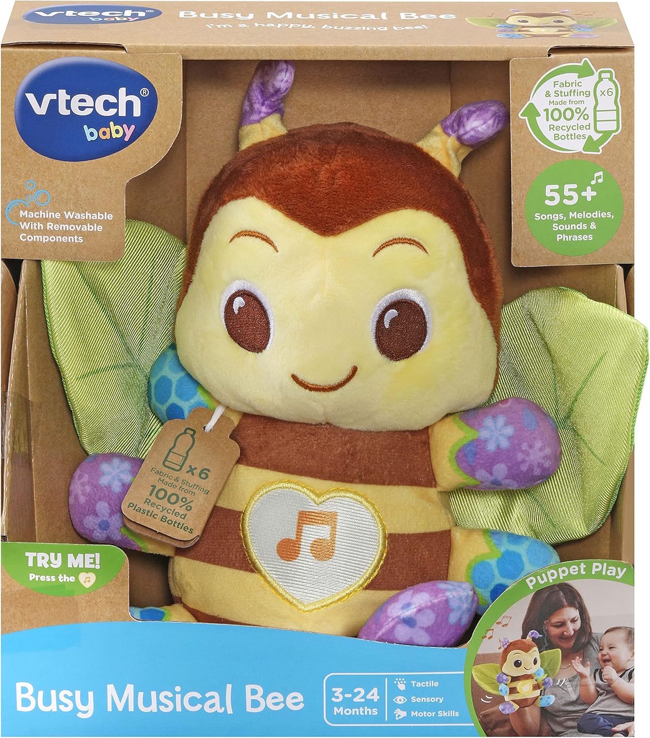 VTech Busy Musical Bee | Interactive & Sensory Cuddly Toy with Lights & Music | Suitable for Ages 3-24 Months | English Version