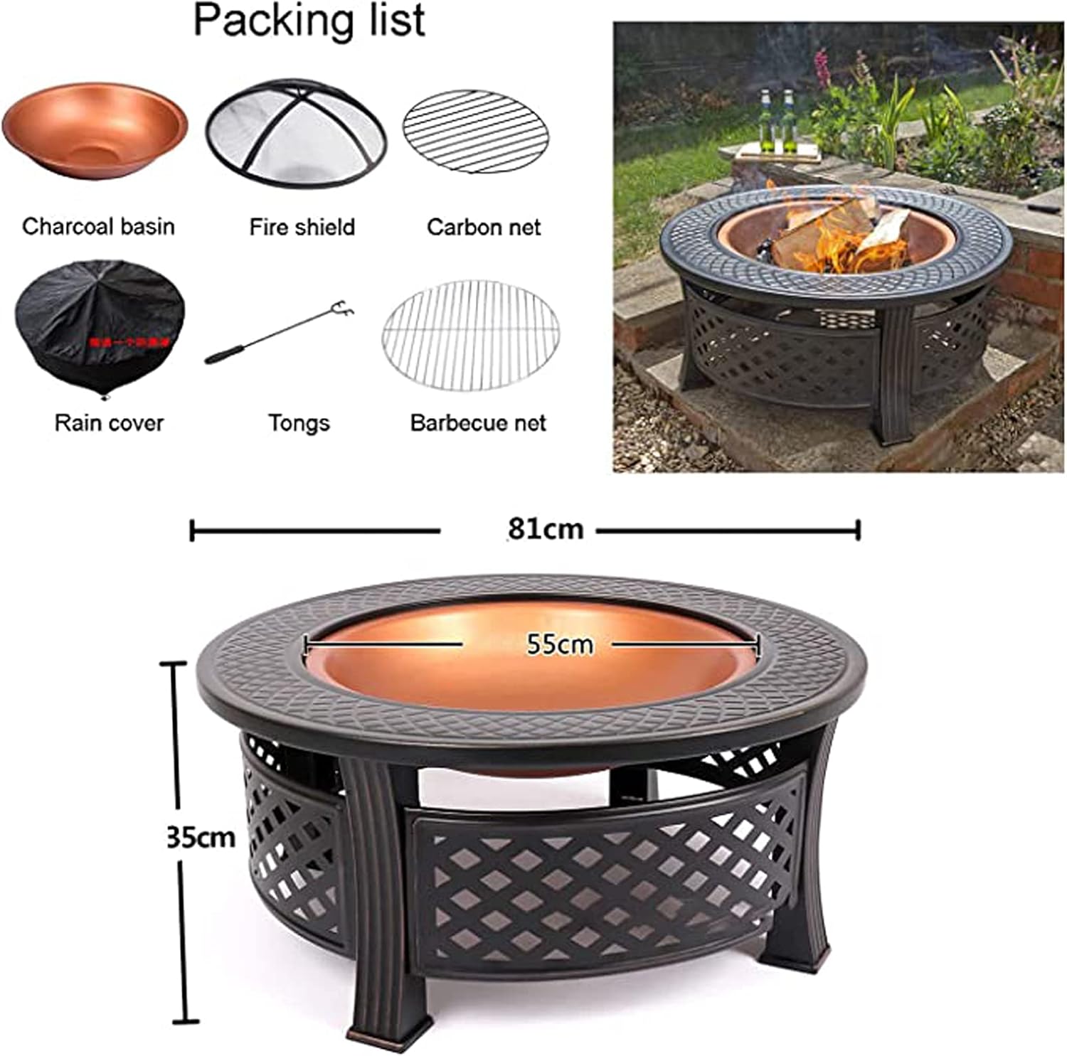 Garden Fire Pits with Barbecue Grill, Charcoal BBQ Grill, Patio Heater, Stove Metal Firepit, Wood Burning, Outdoor Fire Pits