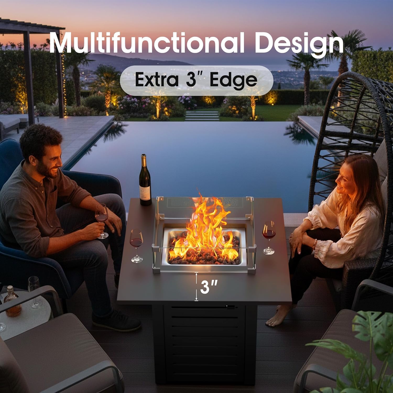 28 Inch Outdoor Propane Gas Fire Pit,50,000 BTU Gas Firepit Table with Steel Lid,304 Stainless Steel H-Burner,Lava Rocks and Wind Guard,Fire Pits for Outside Patio Deck Garden,Black