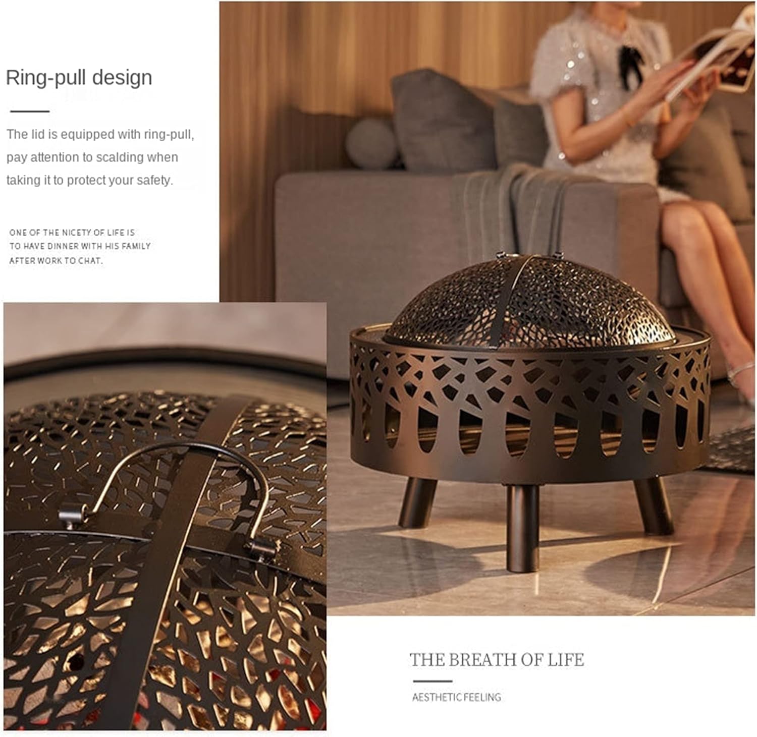 High-end Outdoor Fire Pit w/Spark Screen, Large Bonfire Wood Burning Firepit Bowl, Farmhouse Decorations Fireplace Heating Basin, for Outdoor Backyard Terrace Patio