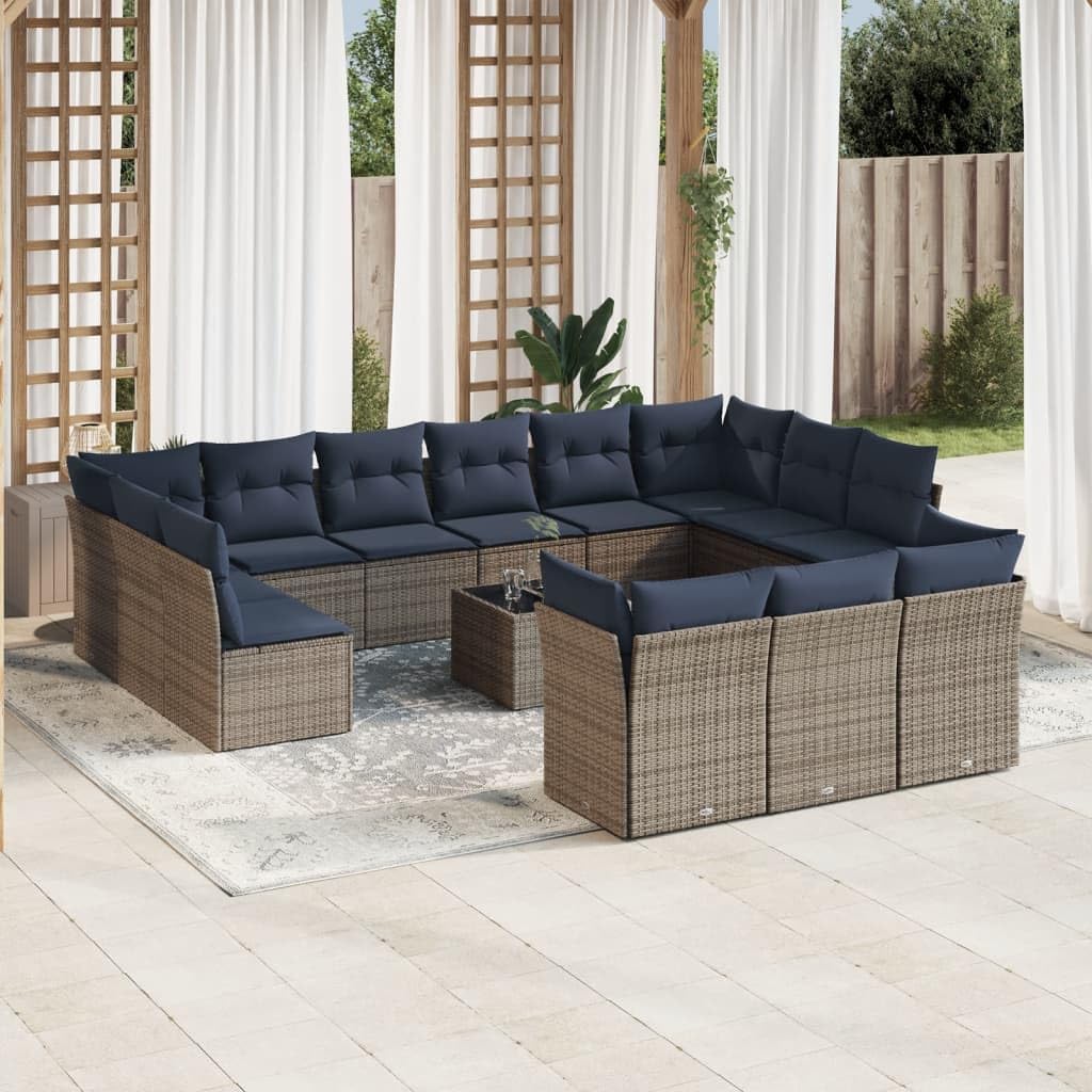 14 Piece Patio Sofa Set with Cushions, Gray Poly Rattan Outdoor Furniture, Modular Design for Backyard, Terrace, Balcony