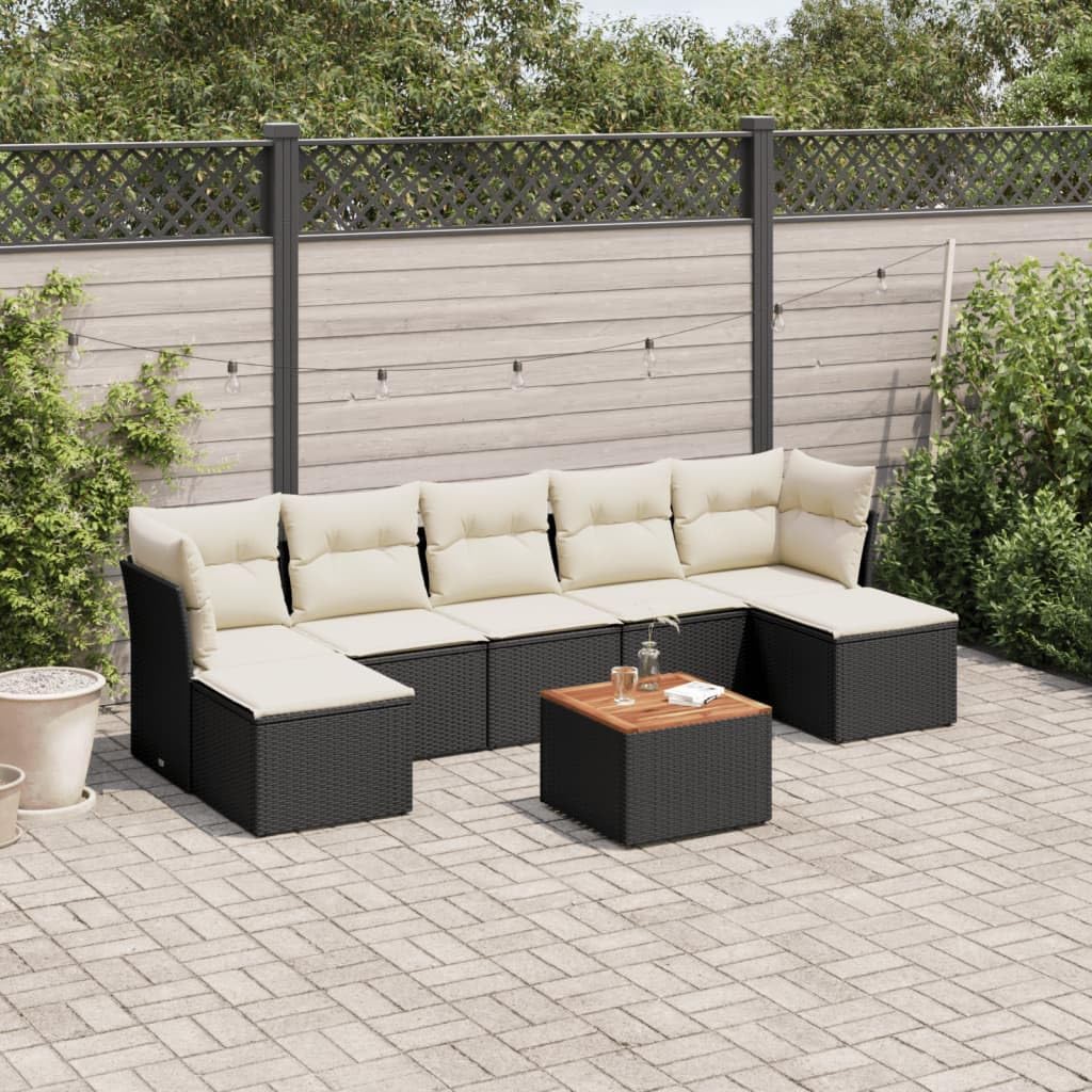 8 Piece Garden Sofa Set in Black and Cream White, Modular Outdoor Furniture with Removable Cushions, Durable Steel Frame and Acacia Wood, Weather-Resistant Patio Seating