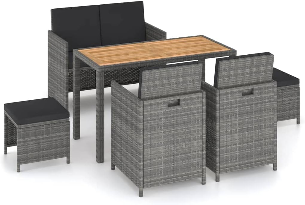 6 Piece Patio Dining Set Poly Rattan and Acacia Wood Gray,Stylish Rattan Patio Dining Set: Your, for, Fresco Dining Furniture Sets for Patio, Lawn & Garden